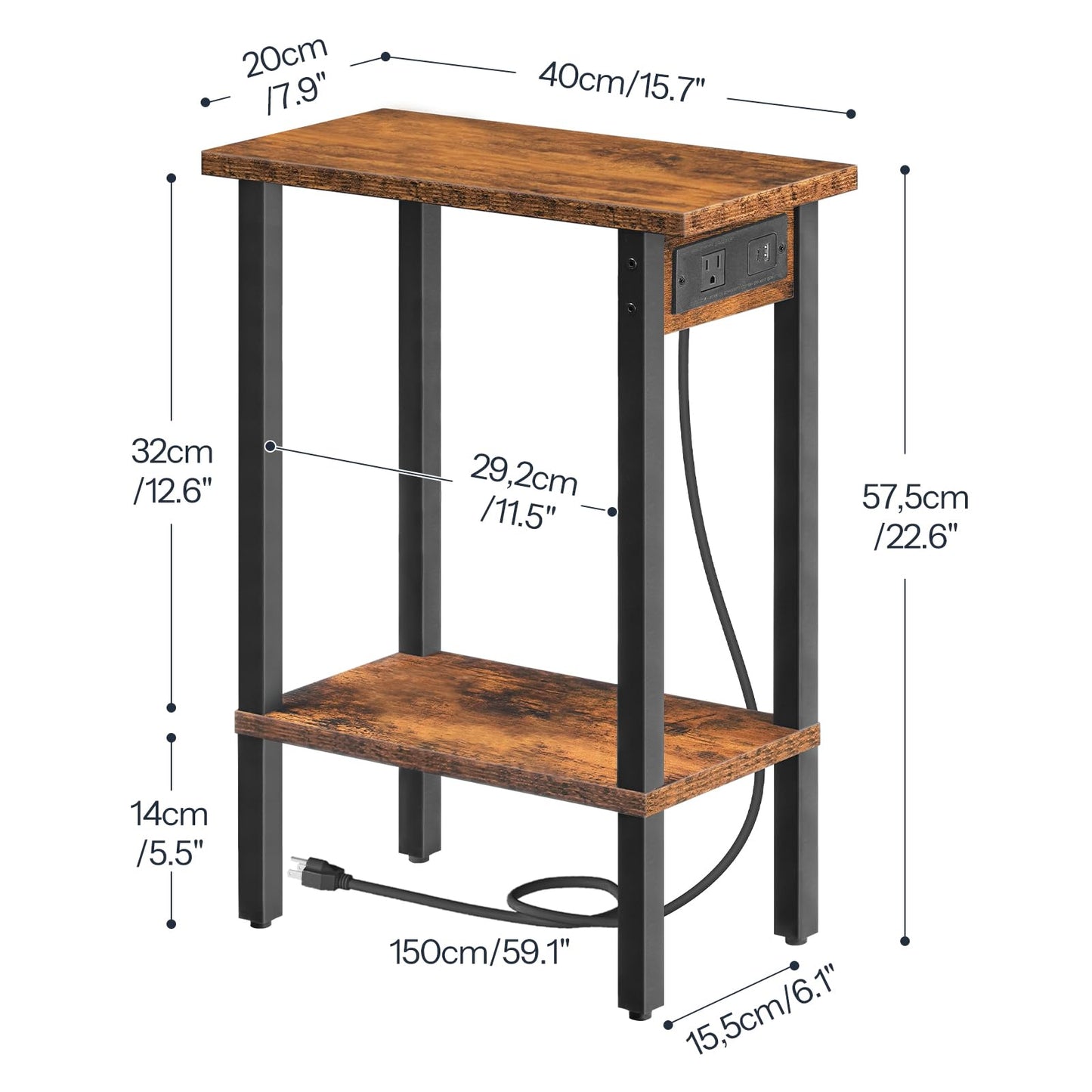 HOOBRO Small End Table with Charging Station, Narrow Side Table with USB Port and Outlets, Skinny Sofa Table, Slim Nightstand, Living Room, Bedroom, Rustic Brown and Black BF240UBZ01