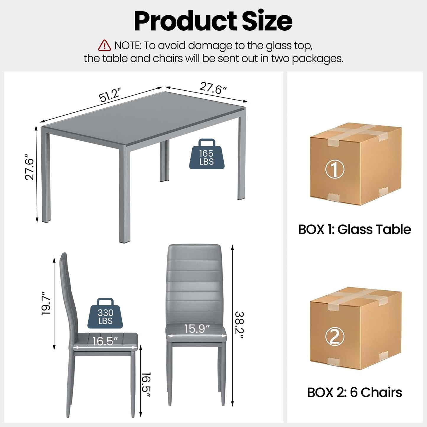 Hooseng Dining Table Set for 6, Tempered Glass Kitchen Table with 6 PU Leather Chairs, 7-Piece Dining Room Sets for Small Space, Dinette, Apartment