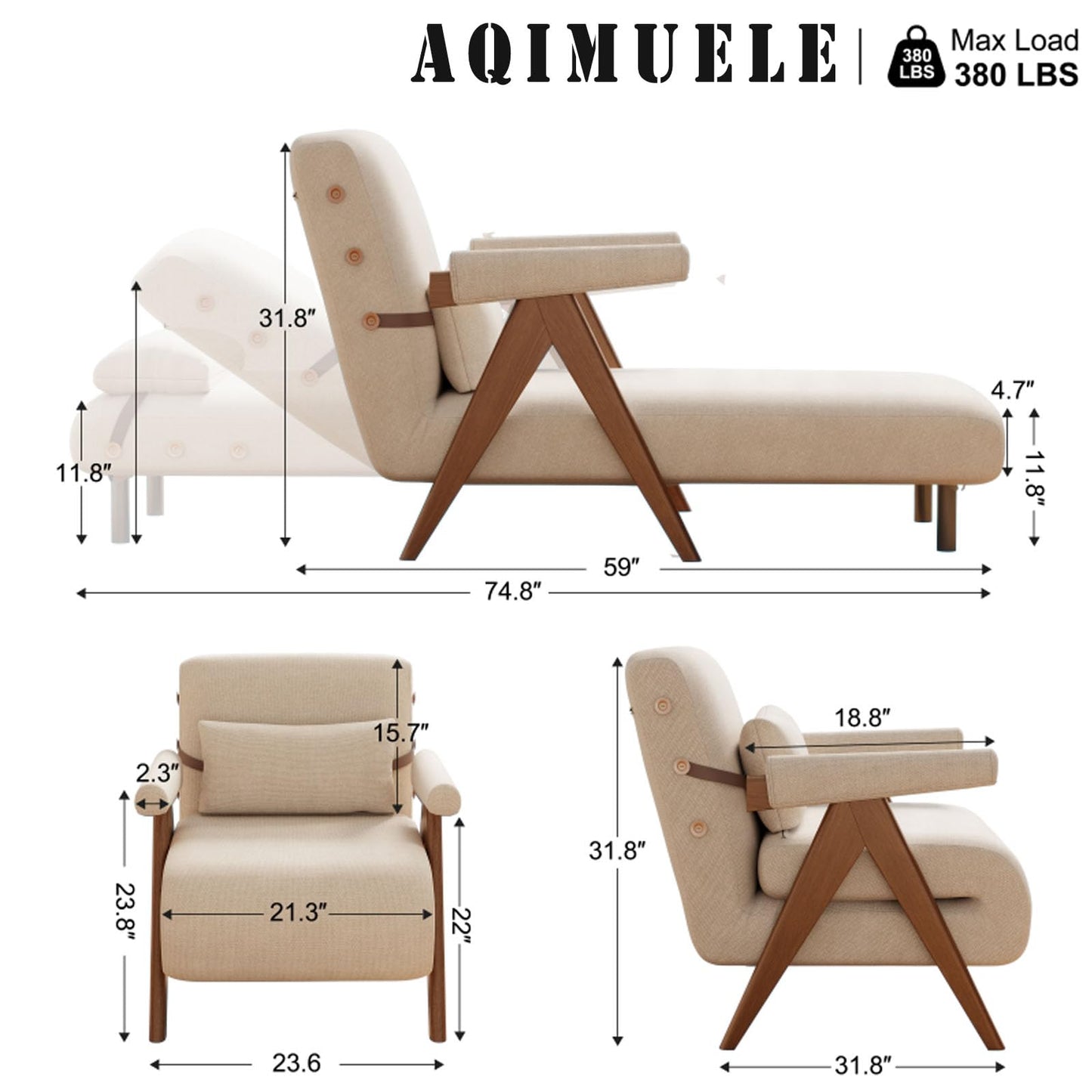 Convertible Sleeper Chair, 3-in-1 Single Sofa Bed for Adults，Pull Out Lounge Sleeper Chairs，Foldable with Adjustable Backrest (D31.8 x W21.3 x H31.8 inch(Beige))