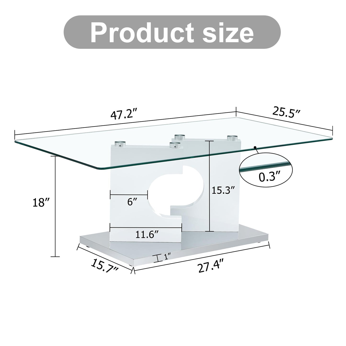 Henf Modern Luxury 47" Rectangle Glass Coffee Table for Living Room, Home Office, Tempered Glass Top, White Legs & Silver Base