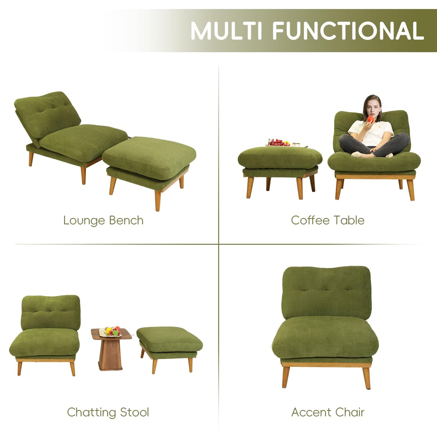 Modern Accent Chair with Ottoman - Cloud-Like Down-Filled Recliner, Adjustable Backrest Lounge Chair with Solid Wood Frame, Sherpa Fabric & Overstuffed Puffy Cushion for Living Room (Grass Green)