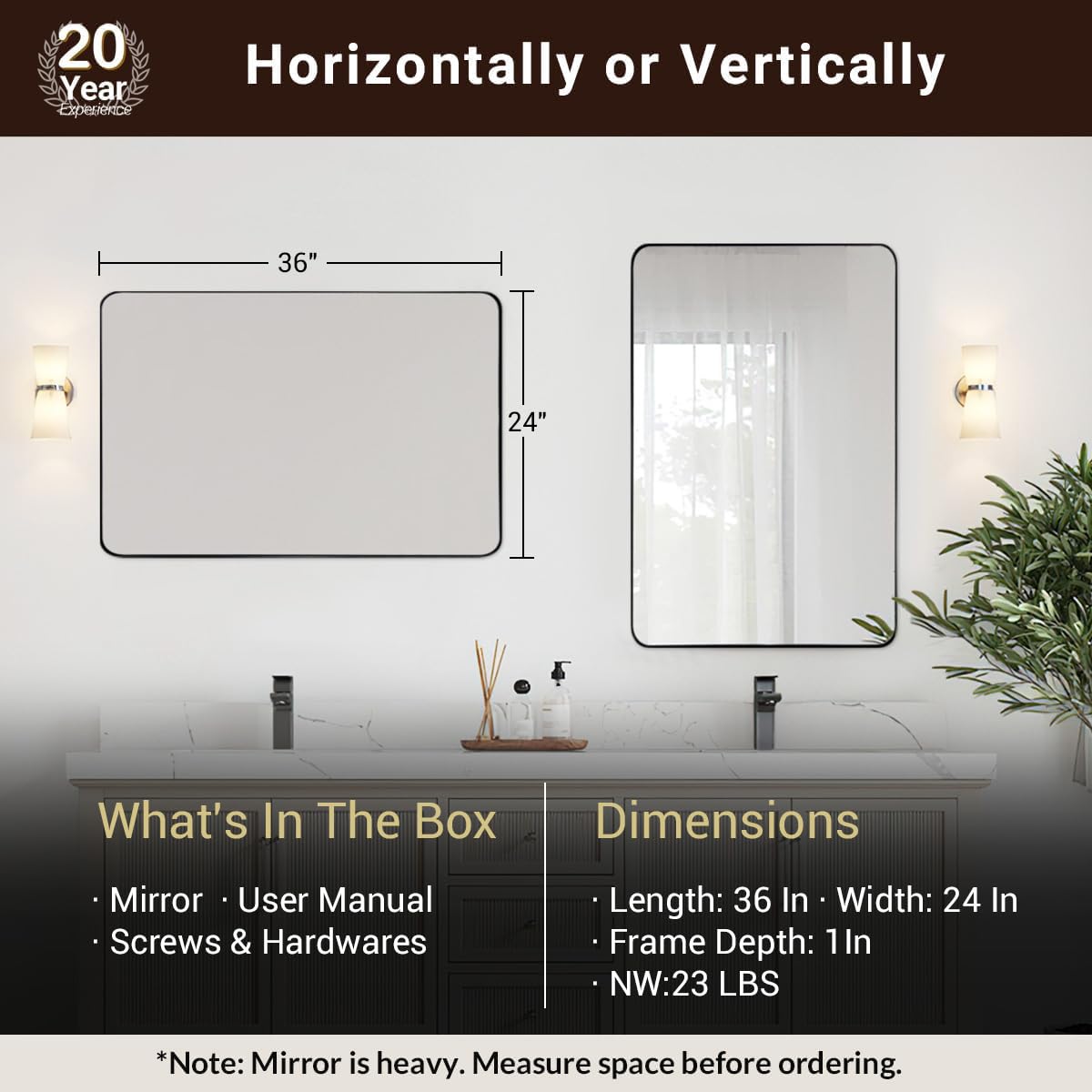 ANDY STAR Wall Mirror for Bathroom, 24x36 Matte Black Bathroom Mirror, Modern Stainless Steel Metal Frame with Rounded Corner, Rectangle Glass Panel Wall Mounted Mirror for Vanity