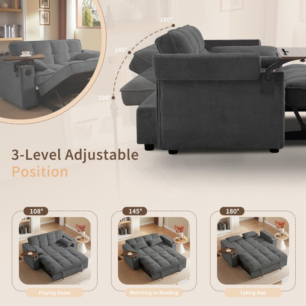 oaaktu ﻿ Large Size Convertible Sleeper Sofa Bed,Polka dot Velvet Pull Out Futon Couch with Storage handrails & Rotating Side Tables,Convertible Sofa Couch for Living Room,RV (Dark Grey)