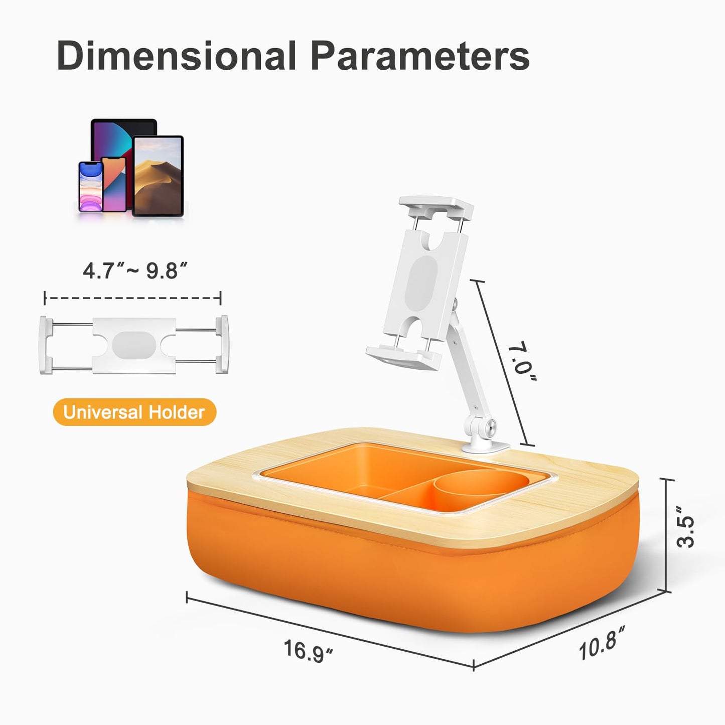 ERGONOV Lap Beanbag Tablet Pillow Stand with Snack Bowl and 360° Rotating Arm, Adjustable iPad Holder for Bed, Couch, and Recliner, Compatible with 4.7"-13" Kindle, iPad, Tablet, Phone,Orange