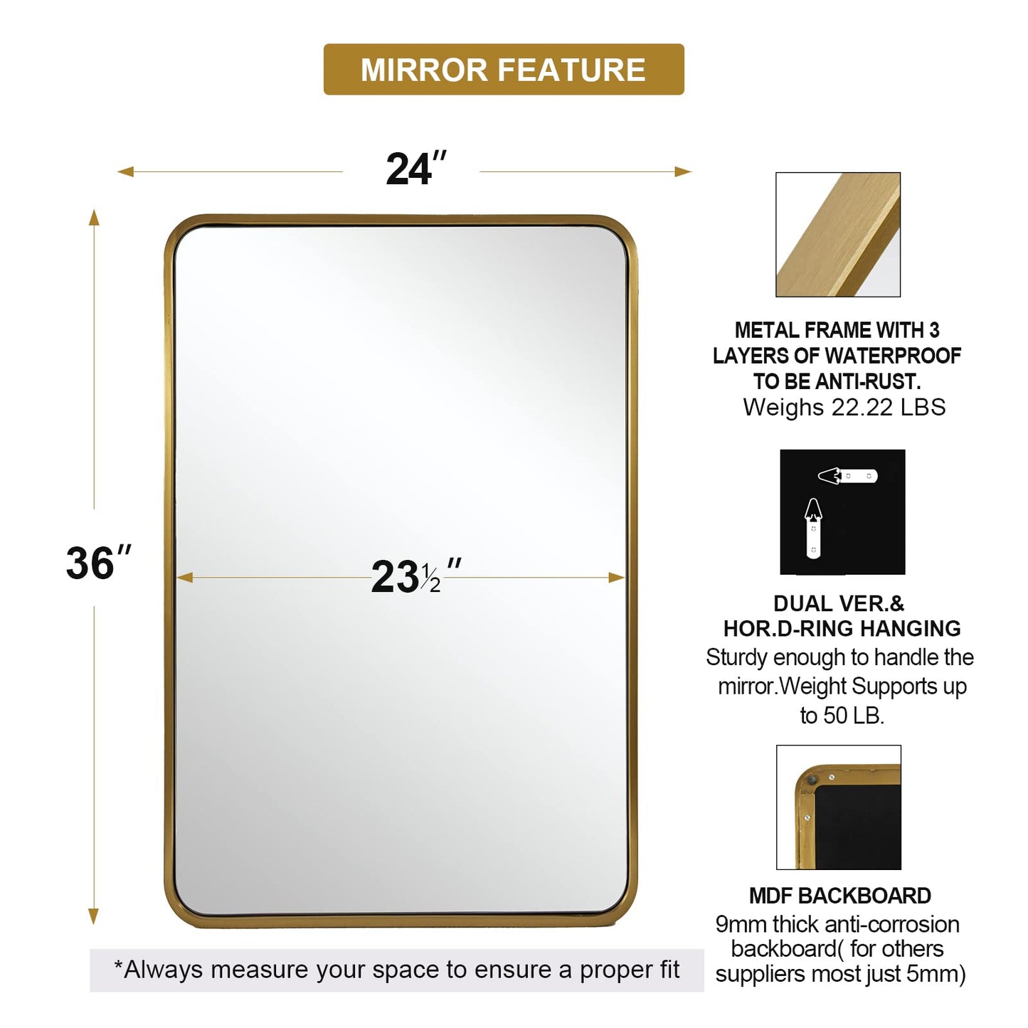 ANDY STAR Brushed Gold Mirrors for Bathroom, 24x36’’ Rounded Rectangle Mirror, Modern Brass Bathroom Vanity Mirror Non-Rusting Metal Tube Framed 1’’ Deep Wall-Mounted Mirrors Vertical/Horizontal