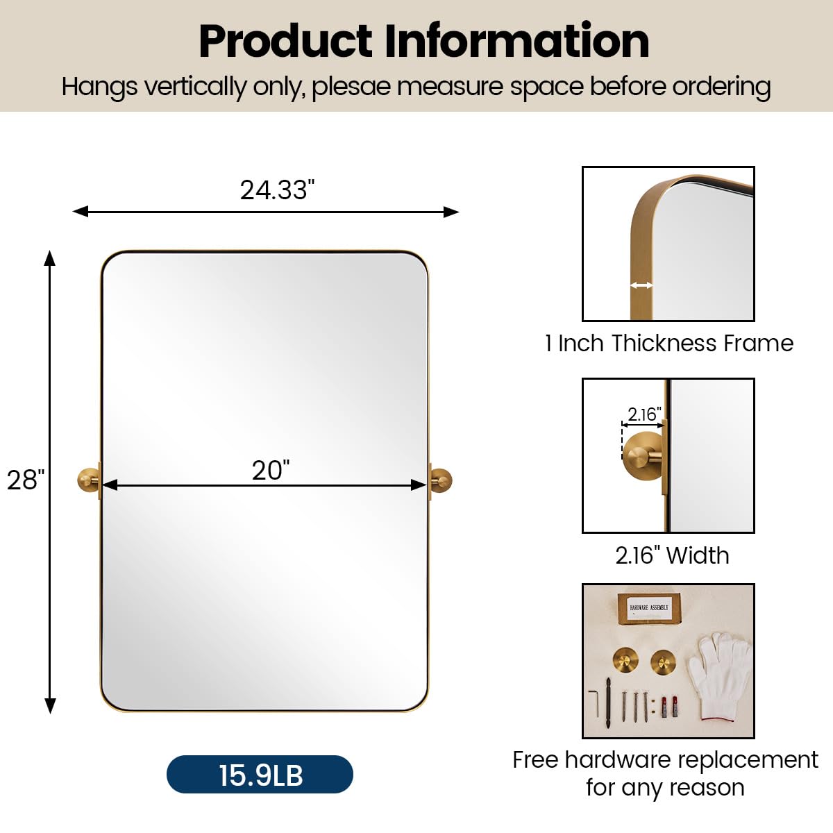 MOON MIRROR 20" x 28" Brushed Gold Metal Framed Pivot Rectangle Bathroom Mirror for Wall, Tilting Rounded Rectangular Vanity Mirror Hangs Vertical only