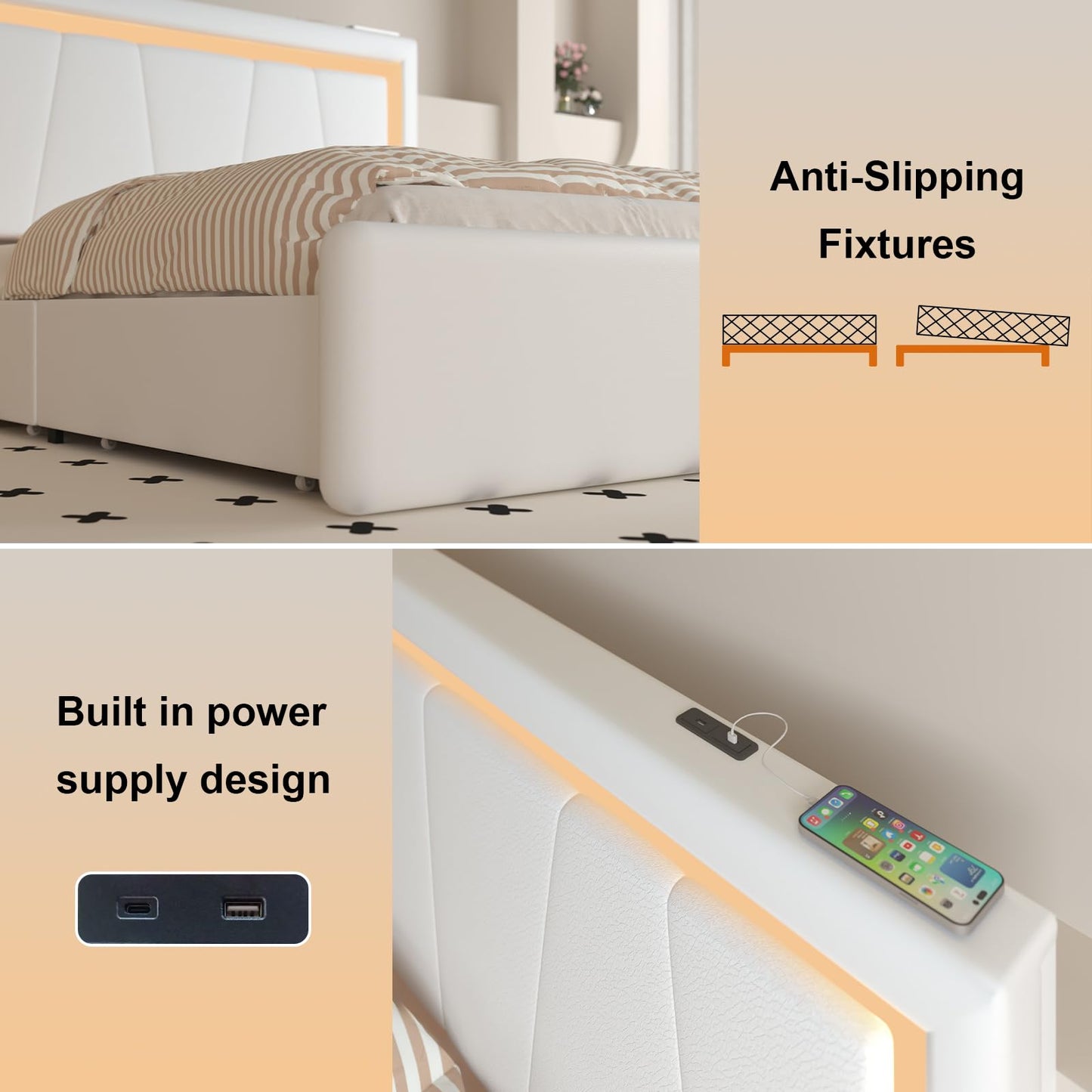 Forrise Queen Size Bed Frame with Adjustable Headboard, Upholstered Platform Bed with 4 Storage Drawers, Wooden Slats Support, Built in Charging Station & LED, Noise-Free, No Box Spring Needed, Beige