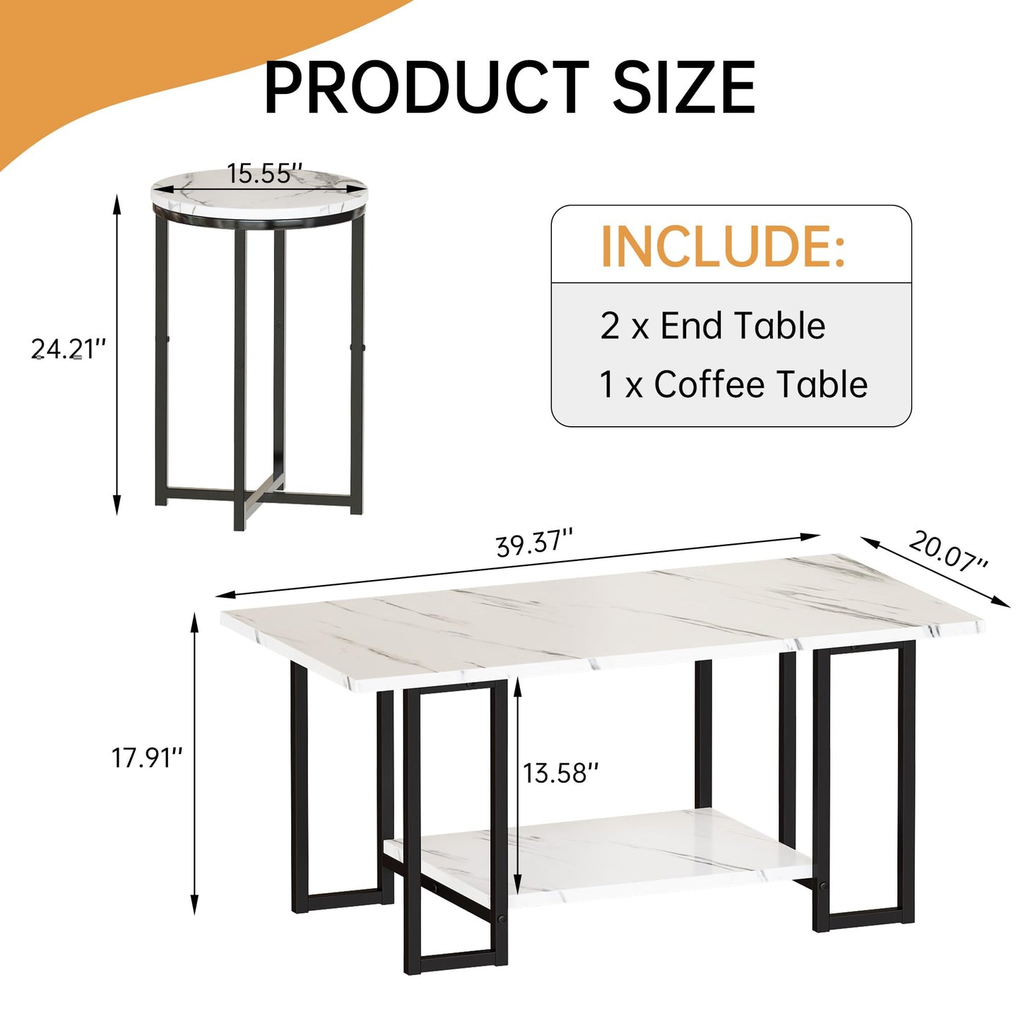 Lamerge 3 Pieces Living Room Table Set, Faux Marble Coffee Table with 2 Round End Side Tables, Coffee Table Set with Metal Frame for Apartment Home Office, White Black