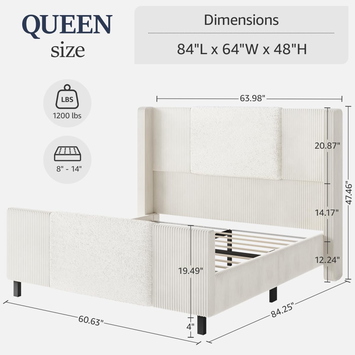 Lihimte 48" Tall Headboard Queen Bed Frame with LED Lights, Boucle and Corduroy Upholstered Bed Frame Queen with Wingback Headboard and Footboard, No Box Spring Needed, Noiseless, Easy Assembly, Beige