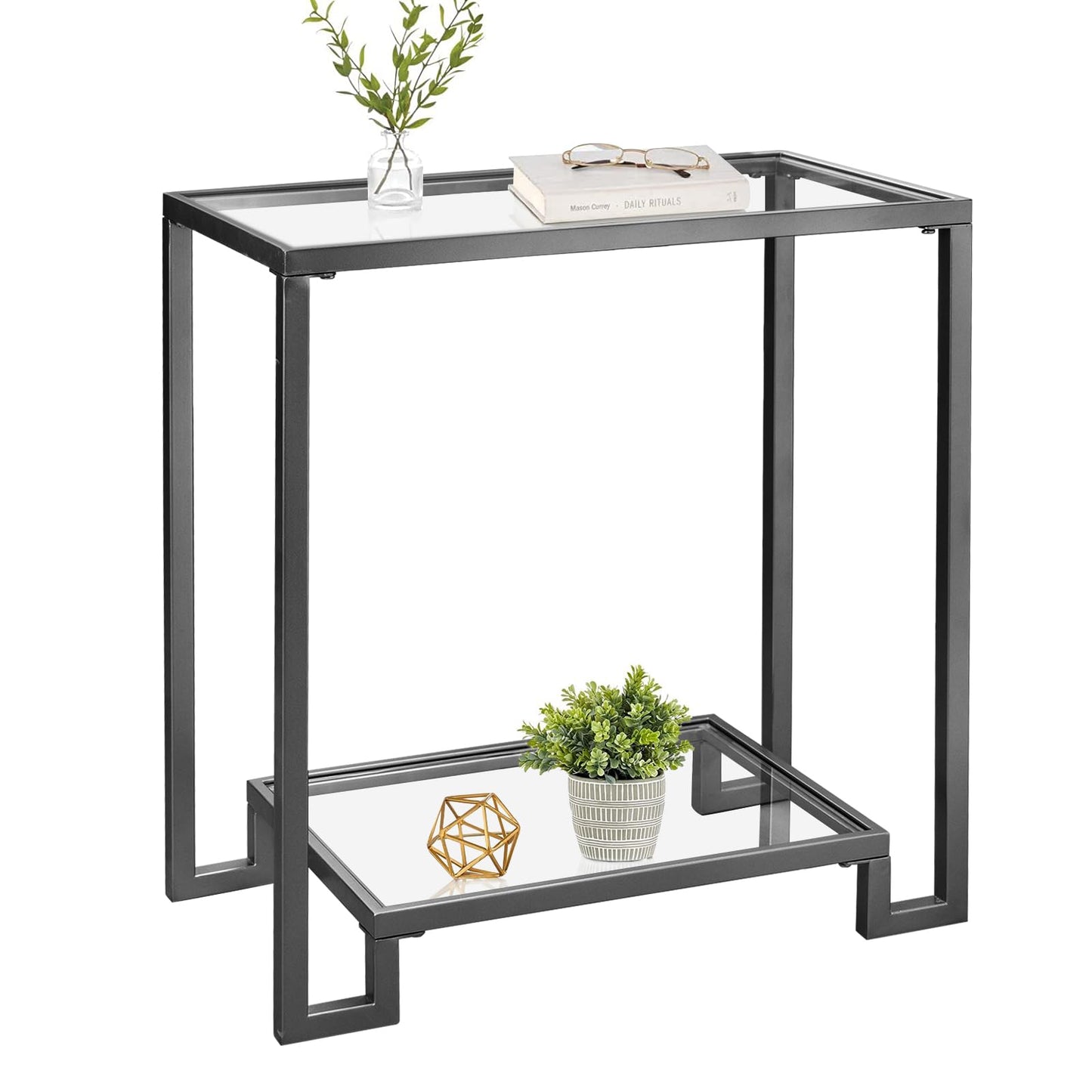 GIFTTROVE 2 Tier Rectangular Side Table, Black End Table with Glass Top, Modern Metal Clear Coffee Tables，Small Accent Tables for Living Room, Bedroom, 22" x 12.4" x 24"