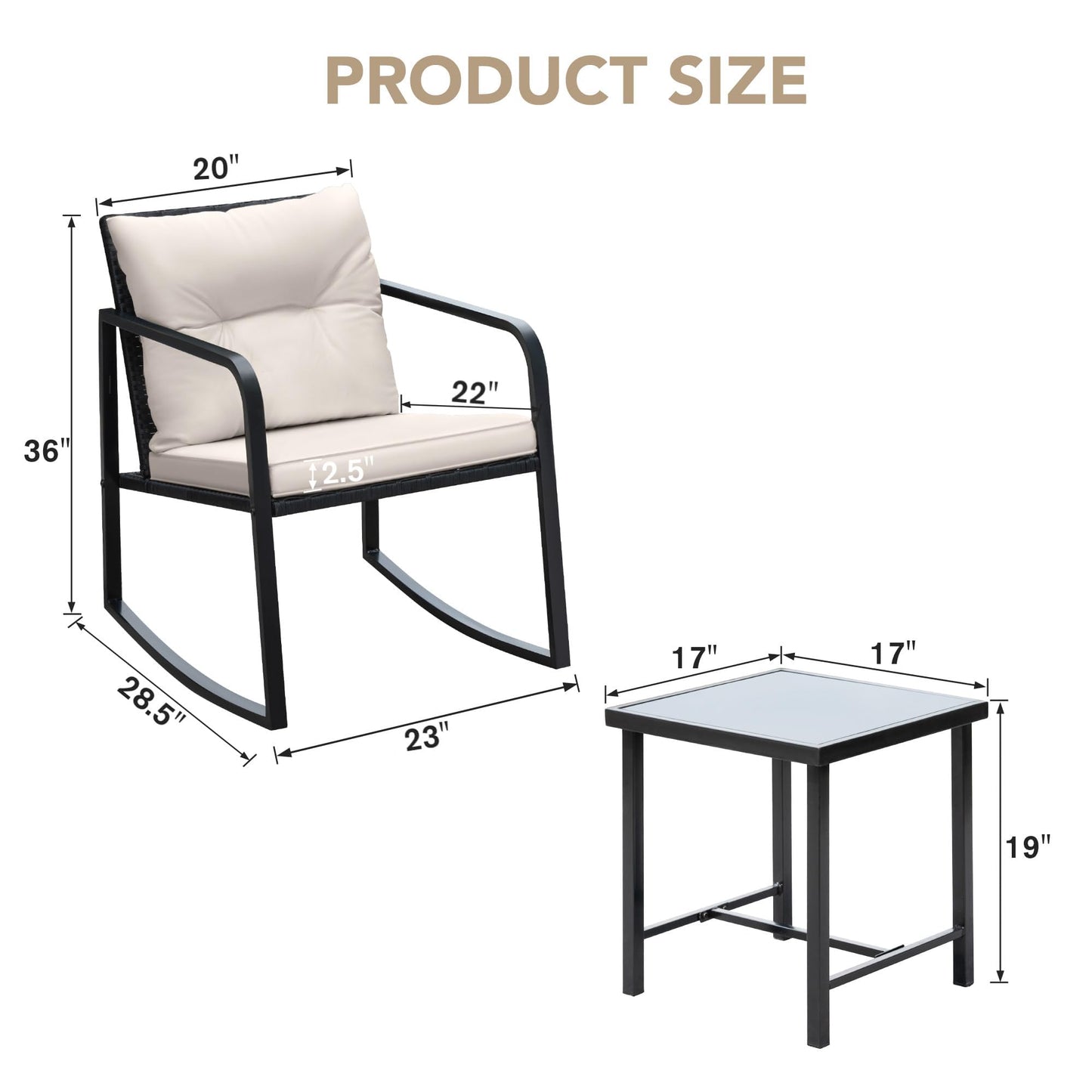 Devoko 3 Piece Rocking Bistro Set Wicker Patio Outdoor Furniture Porch Chairs Conversation Sets with Glass Coffee Table (Beige)