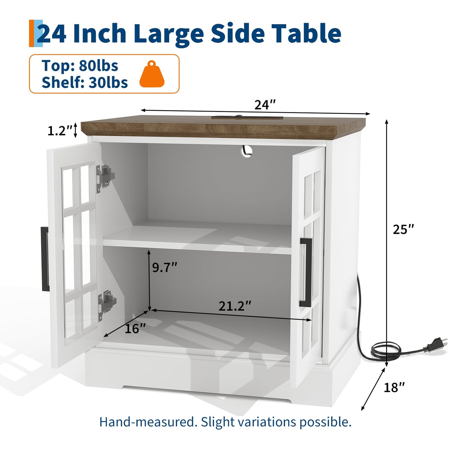 GarveeHome 24inch Farmhouse End Table, Rustic Square Nightstand Sofa Side Table with Charging Station Adjustable Storage Shelf for Living Room Bedroom, White