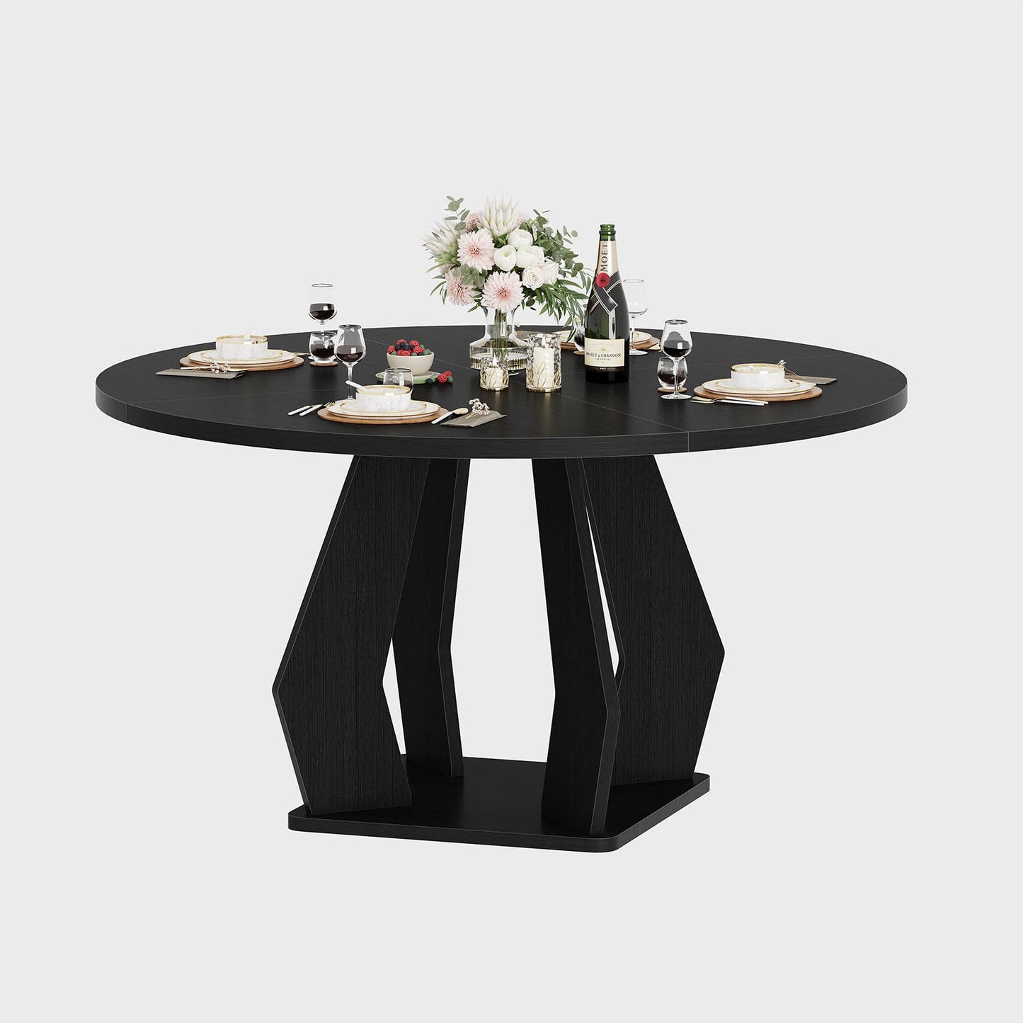 IBF Round Dining Table for 4 to 6, 47 Inches Kitchen Table with Spacious Tabletop Modern Circle Dining Table, Wood Dinner Table with Sturdy Pedestal Base for Dining Room Kitchen Living Room, Black Oak