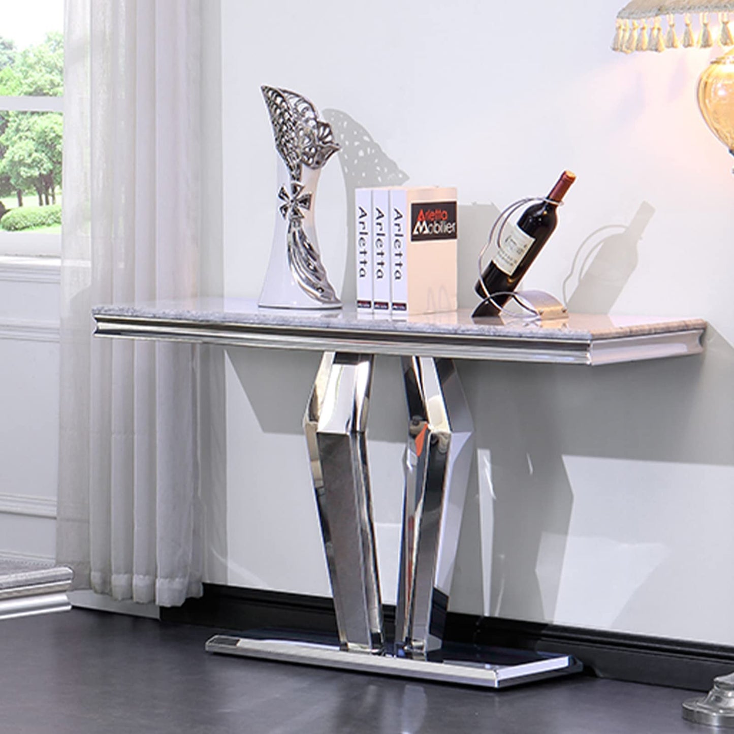 ACEDÉCOR Silver Console Table, Mirrored Sofa Table with Geometric Base, 50 inch Rectangular Grey Console Table for Entryway, Living Room, Office, Coffee Bar, Front Hall, Hallway