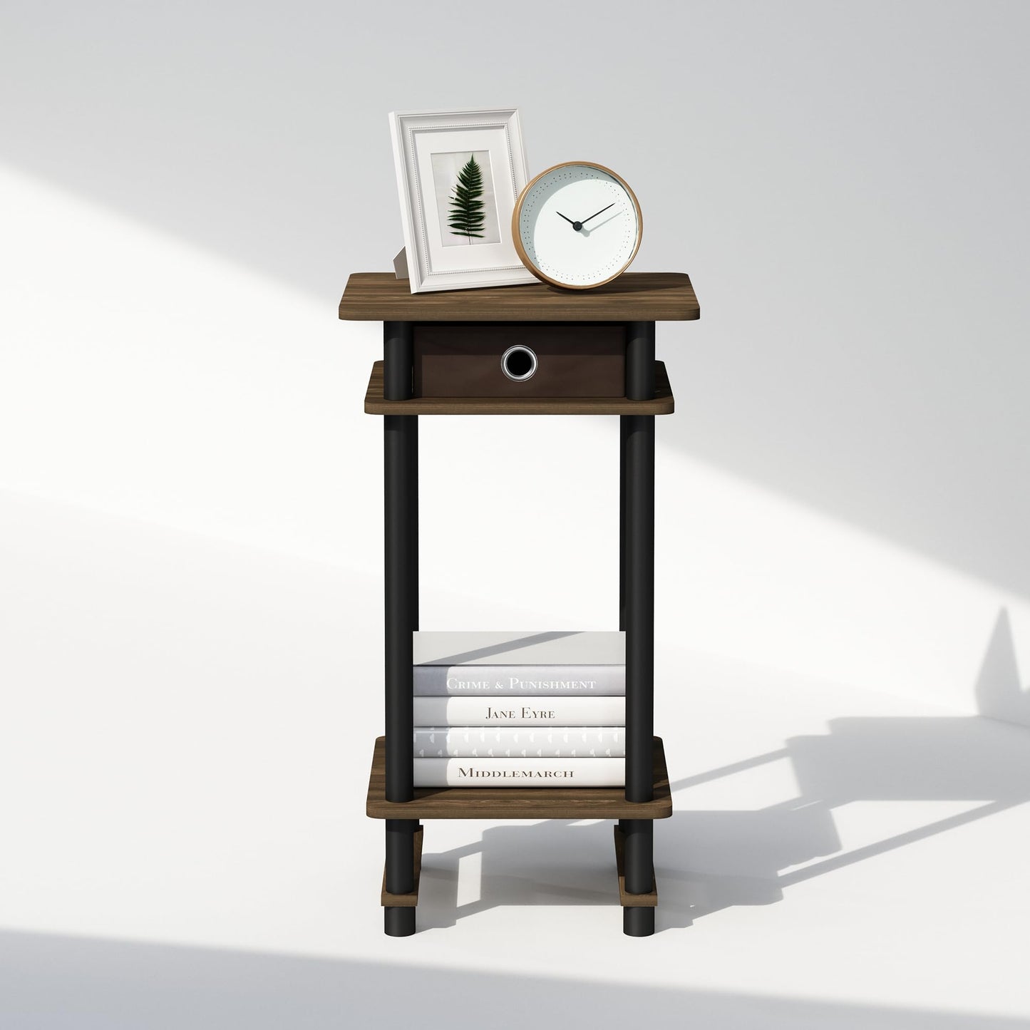 Furinno Turn-N-Tube Tall Nightstand with Bin, 1-Pack, Plastic Poles, Columbia Walnut/Black/Dark Brown