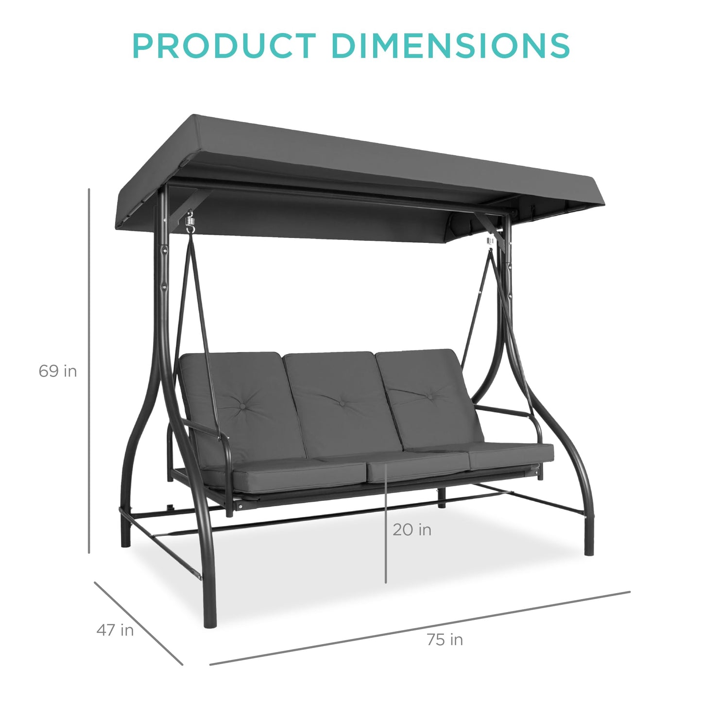 Best Choice Products 3-Seat Outdoor Large Converting Canopy Swing Glider, Patio Hammock Lounge Chair for Porch, Backyard w/Flatbed, Adjustable Shade, Removable Cushions - Gray