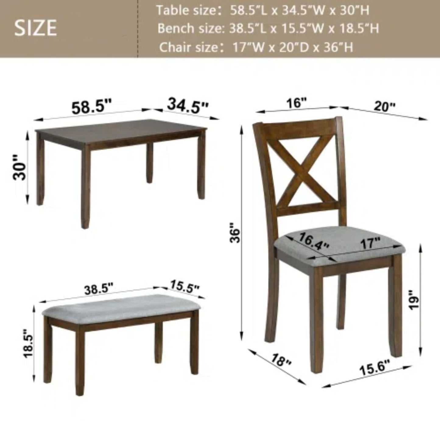 Trygoal 6-Piece Dining Table Set for 4-6 People, Kitchen Set with 4 Upholstered Chairs and One Bench, Living Room Chairs with X-Shape Backrest, Rectangular Wooden Table for Home Bar, Walnut