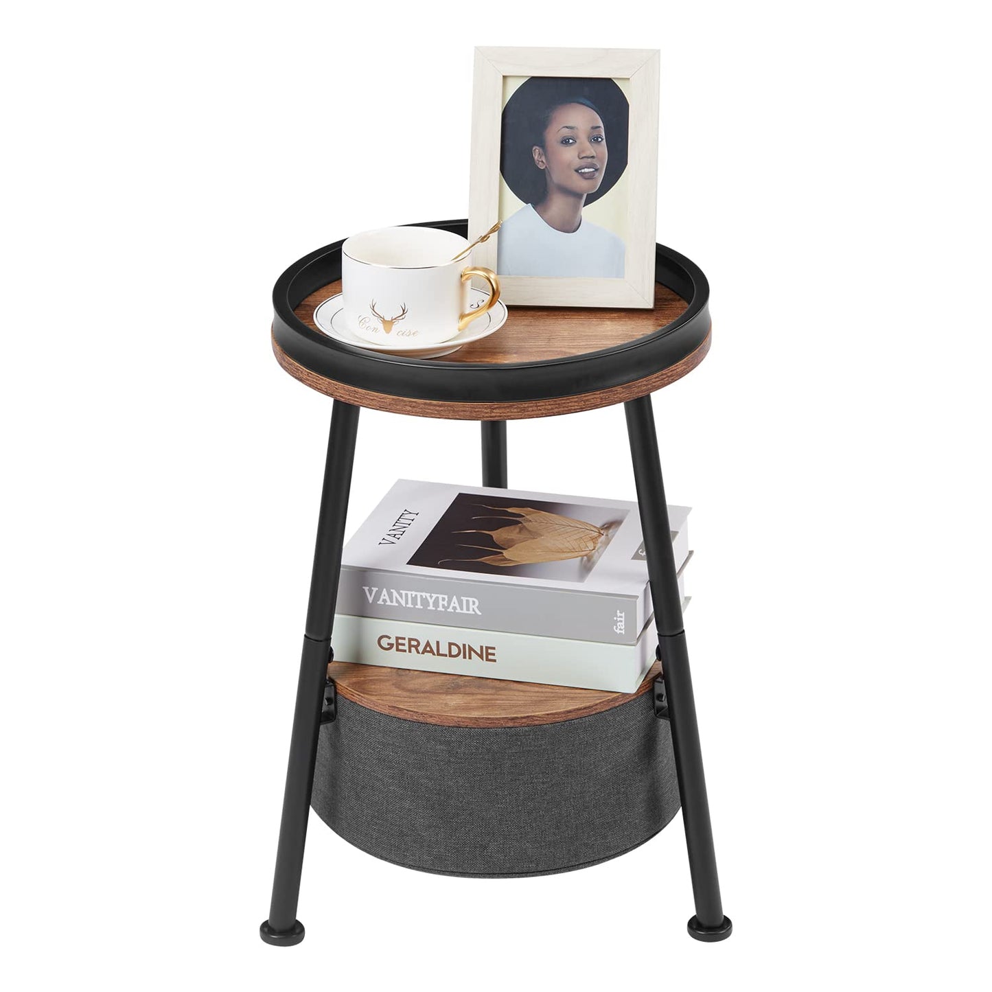 LEMONDA Small Round End Table, 2 Tier Round Side Table with Storage Basket,11.8”D*17.8”H Small Round Table,Sofa Side Table,Small Round Nightstand for Living Room Bedroom