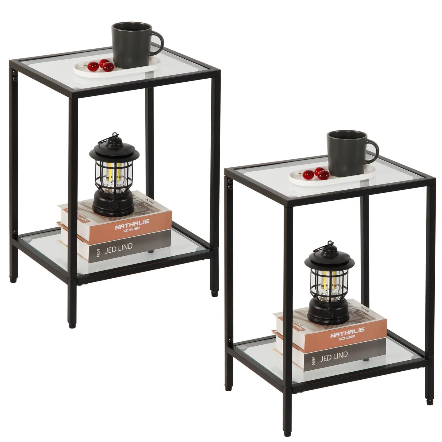 Gawicpy Modern 2-Tier Tempered Glass End Table - Stylish Black Metal Side Table for Small Spaces, Perfect for Living Room & Bedroom (Black, 2PCS)