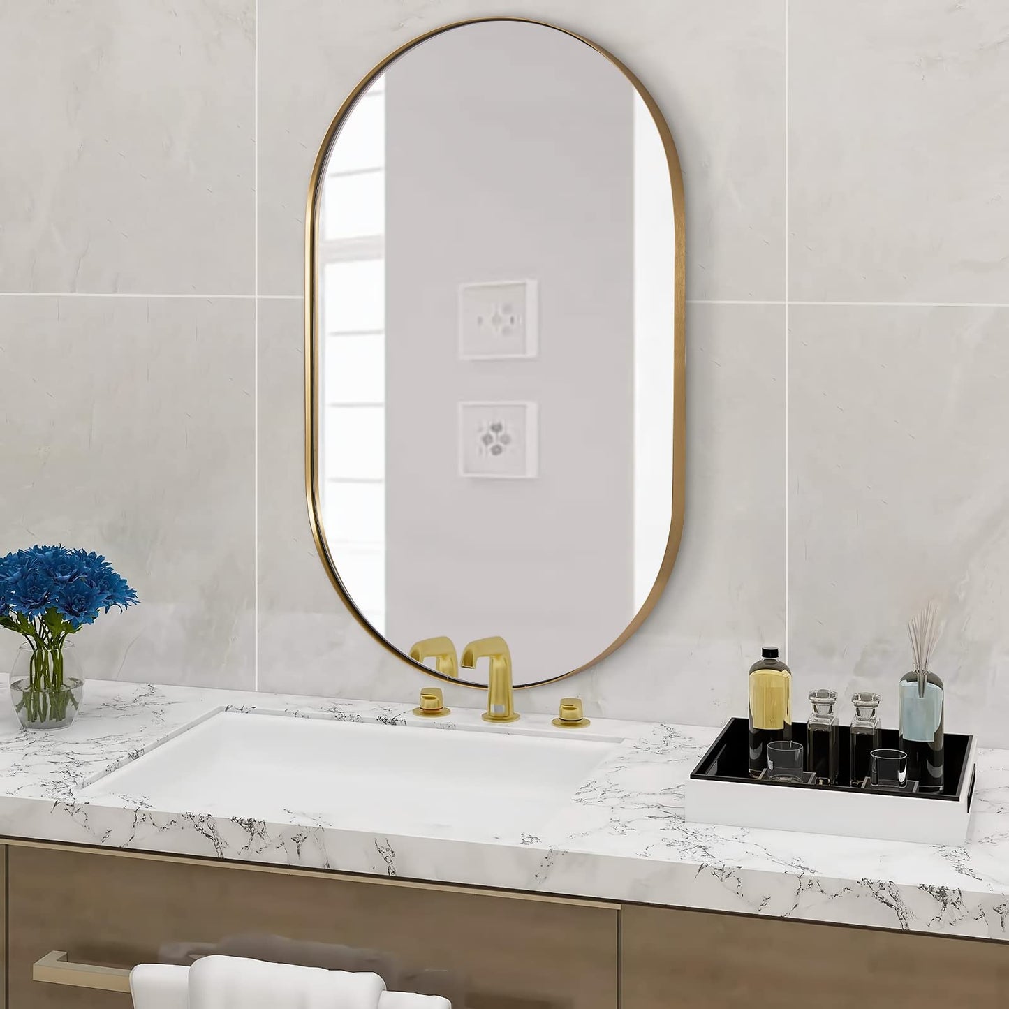 ANDY STAR Oval Bathroom Mirror, 20x33’’Oval Gold Mirror Stainless Steel Metal Frame Mirror for Bathroom, Entryway, Living Room, Contemporary 1" Deep Set Design Wall Mount Hangs Vertical or Horizontal