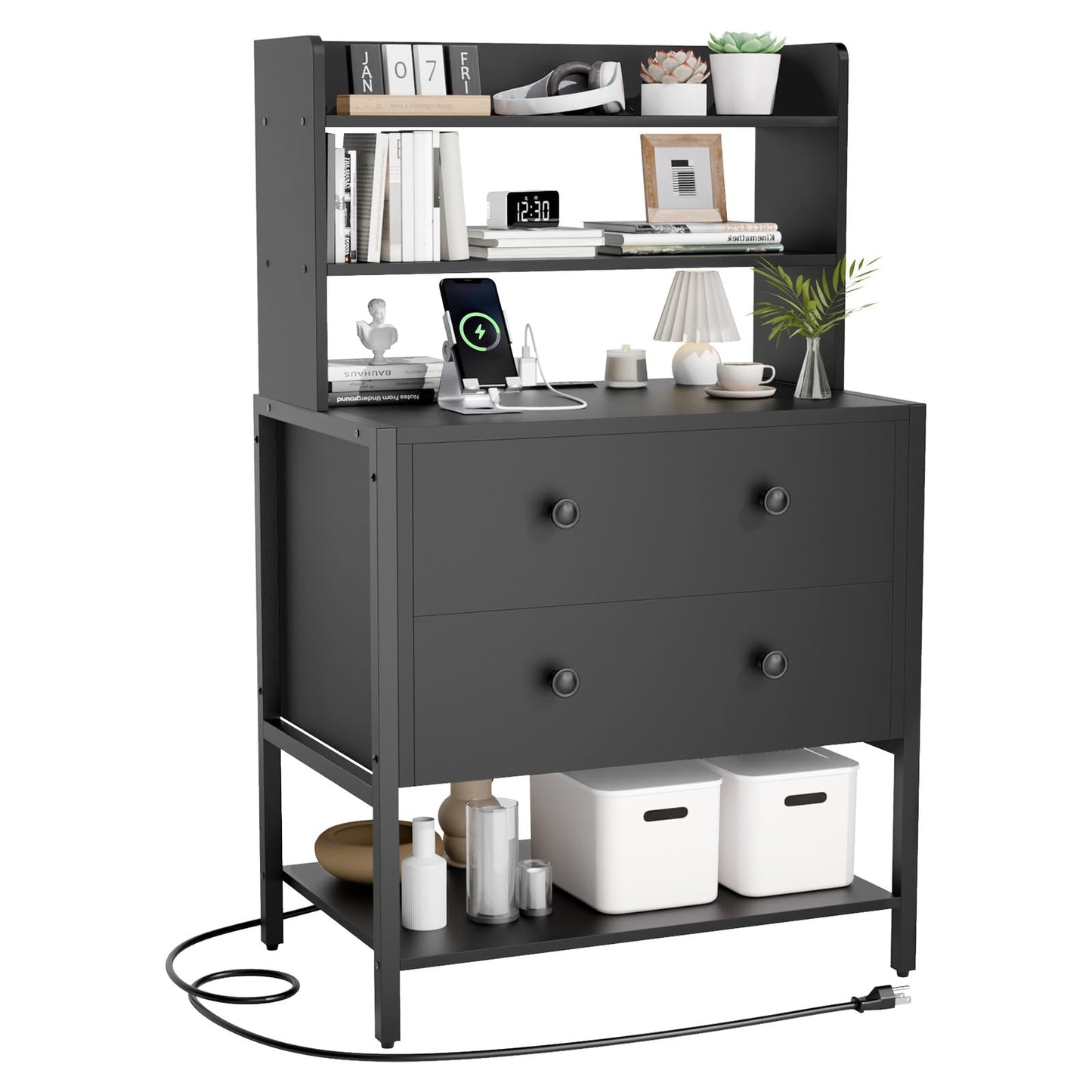 PATAVOT 24 Inch Wide Night Stand, Large Wooden Night Stand with 2 Adjustable Drawes, Tall Nightstand with 4-Tier Shelves and Charging Station, Bedside Table for Living Room/Bedroom/Office, Black.