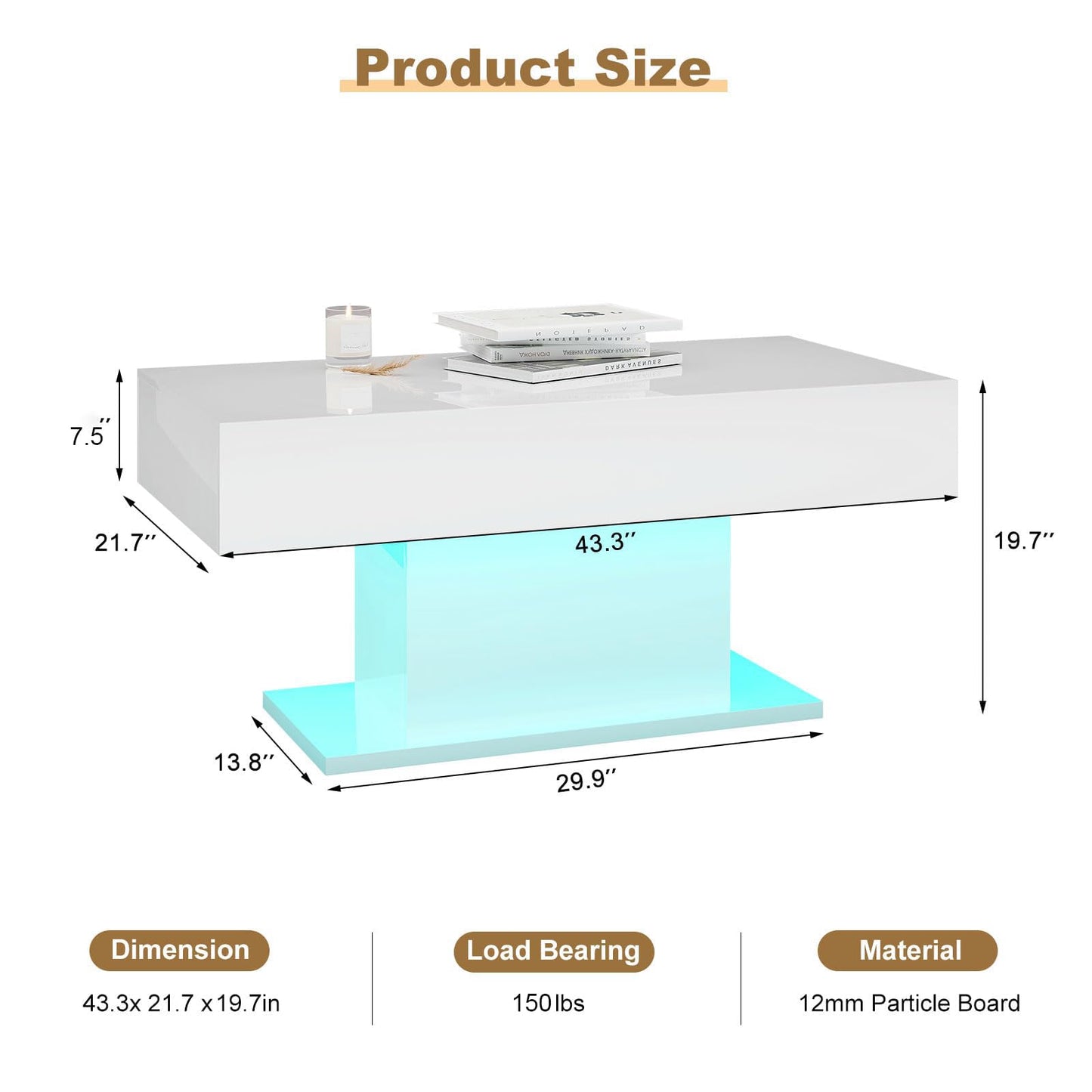 HedoAjim Led Coffee Table for Living Room, Living Room Table Rectangular Center Table, Modern High Glossy Wooden Coffee Tables with 16 Colors LED Lights for Dining Reception Room, White