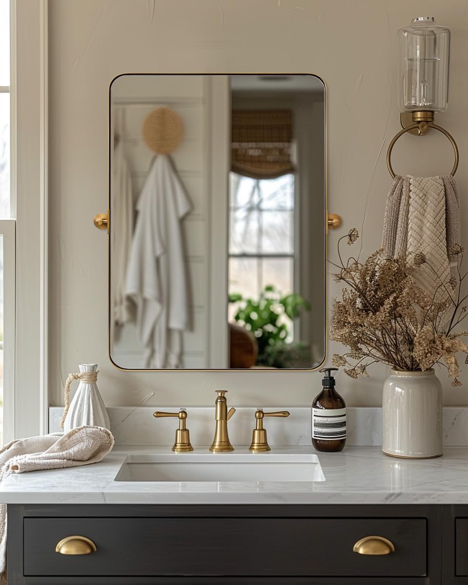 MOON MIRROR Brushed Gold Pivot Mirror,Brass Tilt Rectangle Pivot for Bathroom, Overall 28.33 x 32 in (Mirror 24x 32 in)