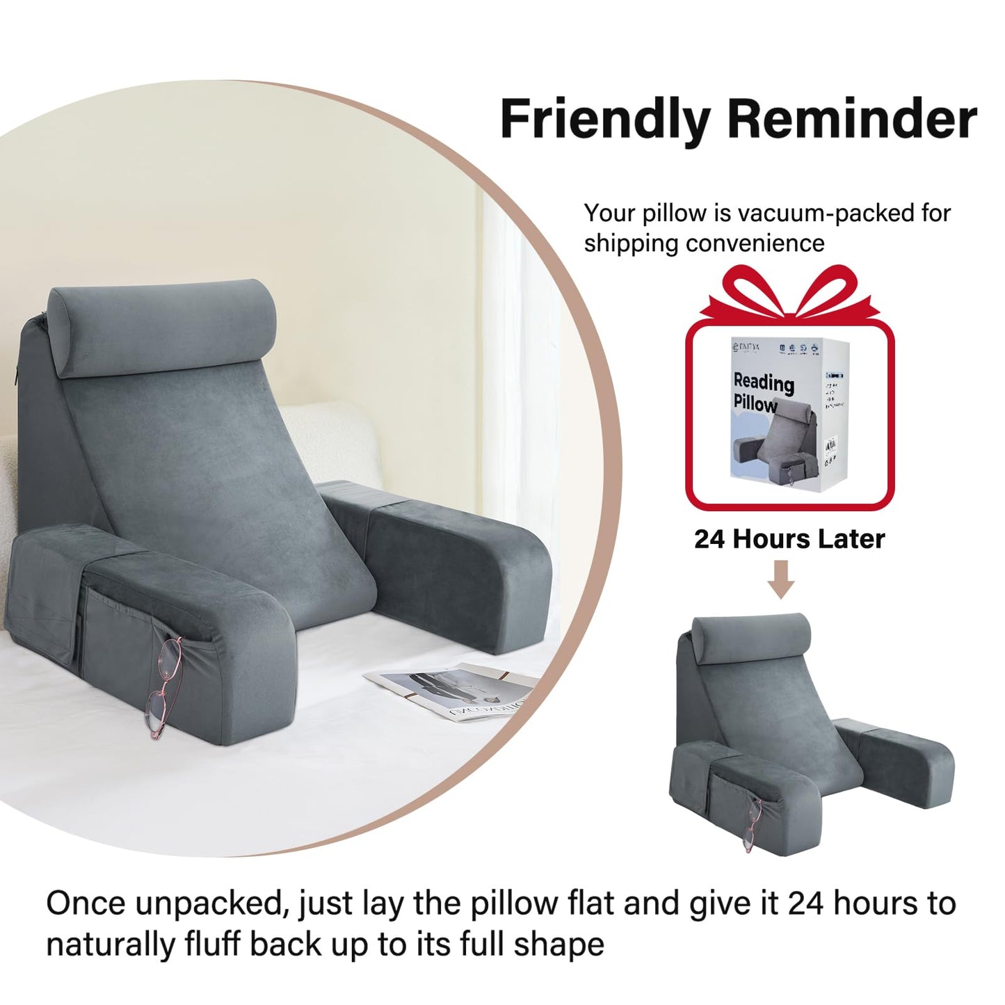 ENITYA Reading Pillow for Sitting in Bed Adult, 19" Back Pillow for Bed Sitting up, Backrest Cushion for Reclining/Reading/Gaming/Resting/Watching TV, Bedrest, Couch or Floor, Medium(Grey)