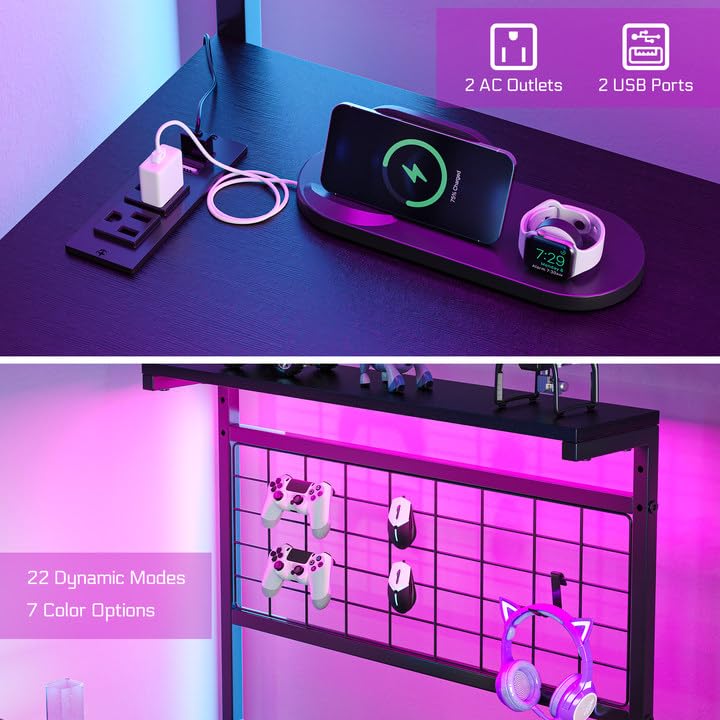OtterOasis L Shaped Gaming Desk, Reversible Computer Desk with 4-Tier Shelves, Corner Desk with Pegboard, Home Office Desk with LED Lights & Power Outlets Gaming Desk with Storage, Black