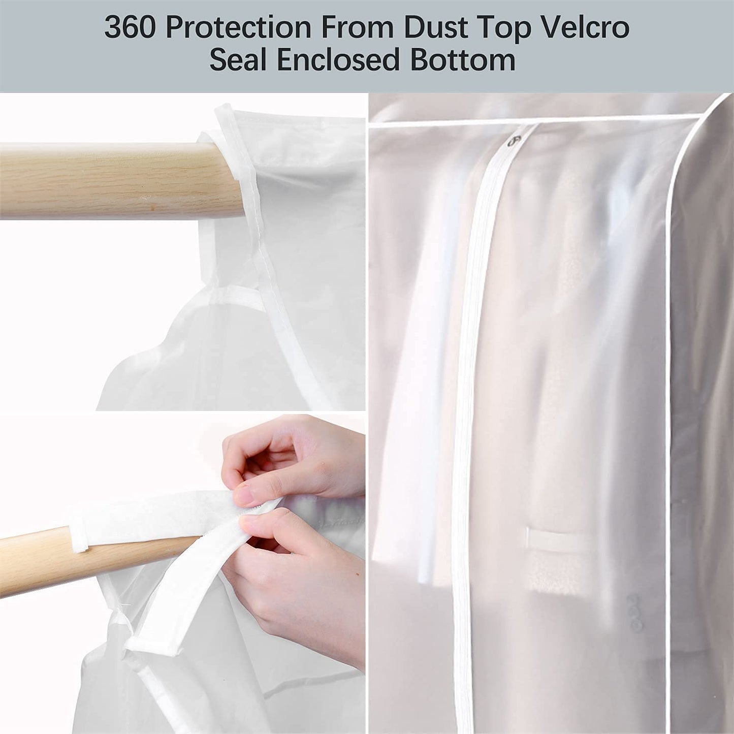 Aichong 50'' Garment Bags for Hanging Clothes, Large Translucent Frosted Garment Rack Cover Bags with Zipper and Hook and Loop Closure, Polyethylene Material, White