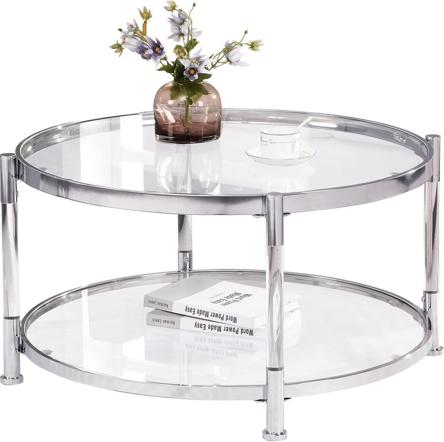 KUVADAZ Round Coffee Table with Silver Chrome Metal Base, 2-Tier Clear Glass Coffee Table Modern Living Room Center Tables, Circle Acrylic Cocktail Tables for Home Office
