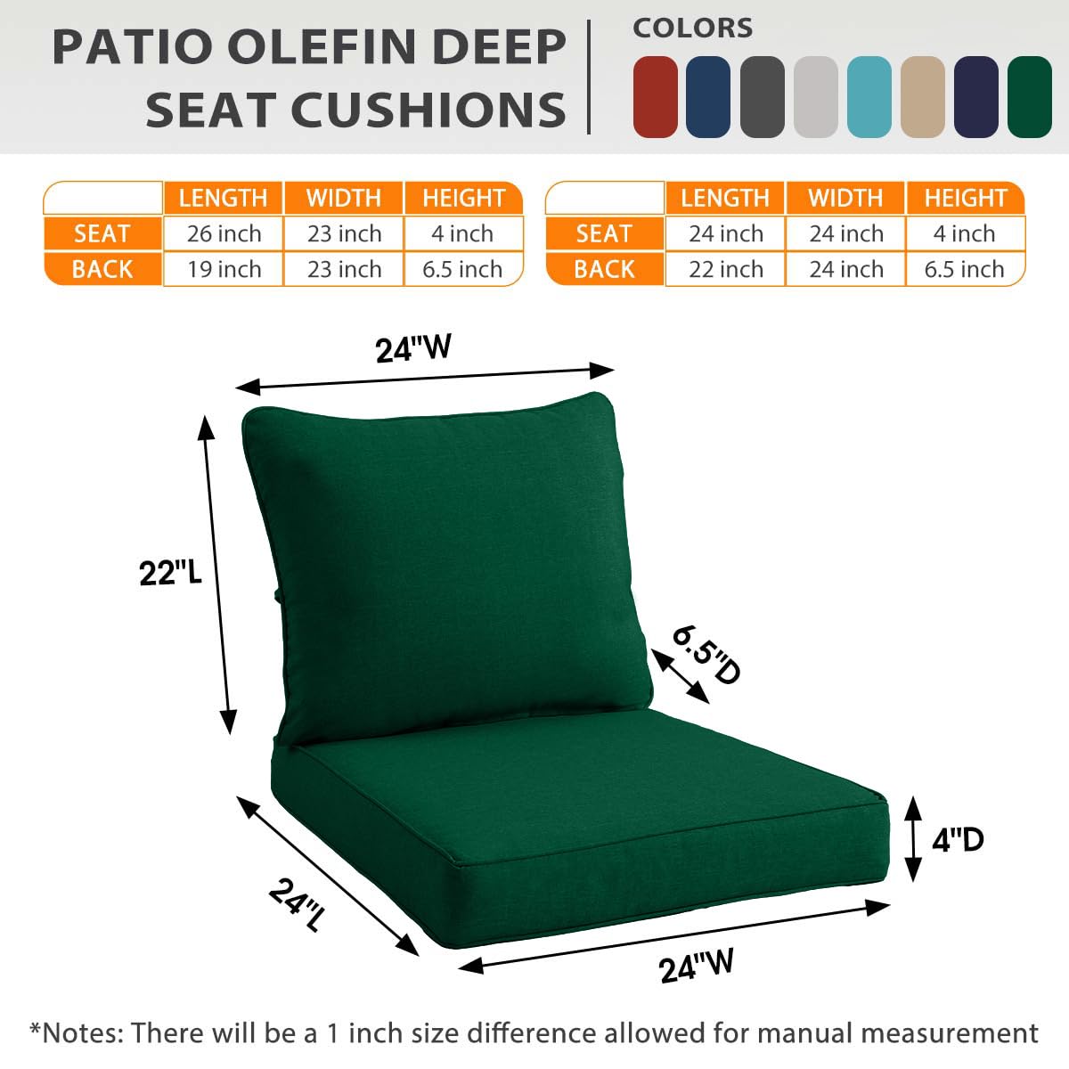 Sundale Outdoor Olefin Deep Seat Cushion, Patio Chair Cushion and Pillow, Water-Resistant Sectional Sofa Pad with Straps Dark Green, 24 x 24 x 4 Inches