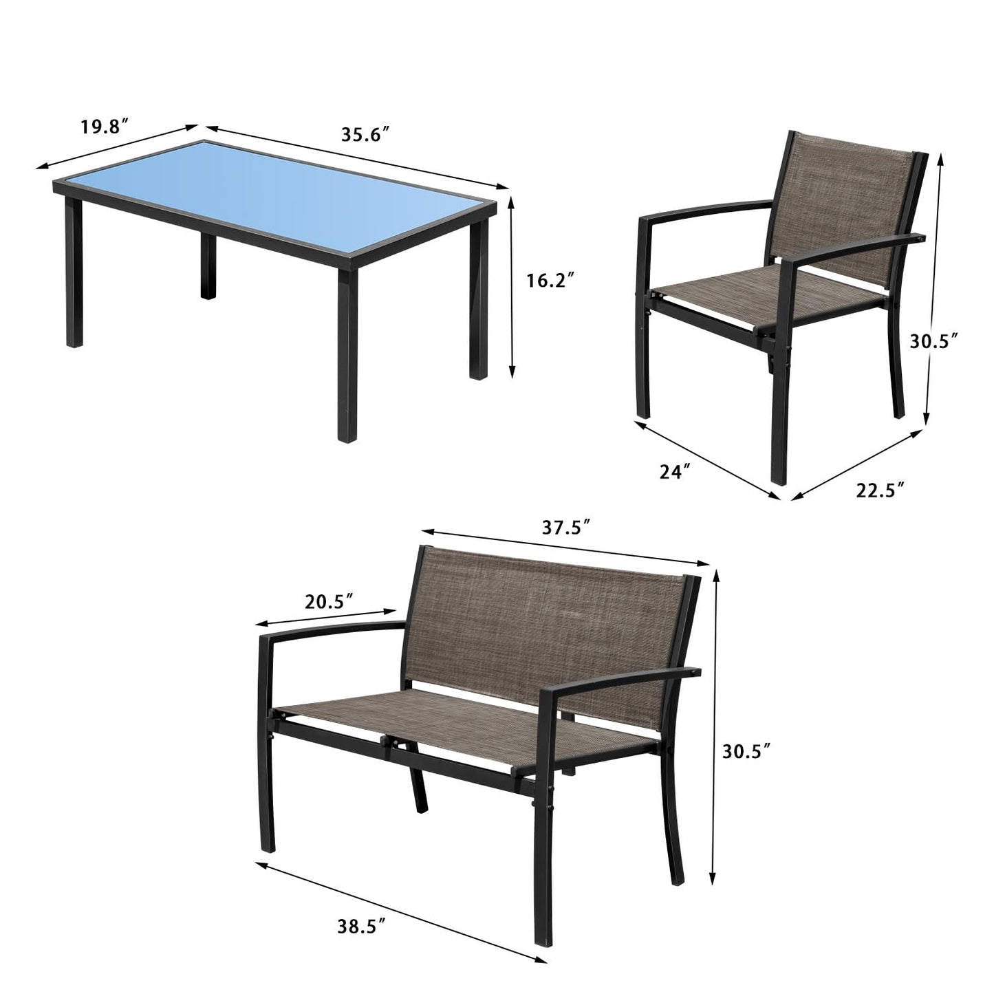 Devoko 4 Pieces Patio Furniture Set Outdoor Garden Patio Conversation Sets Poolside Lawn Chairs with Glass Coffee Table Porch Furniture (Brown)