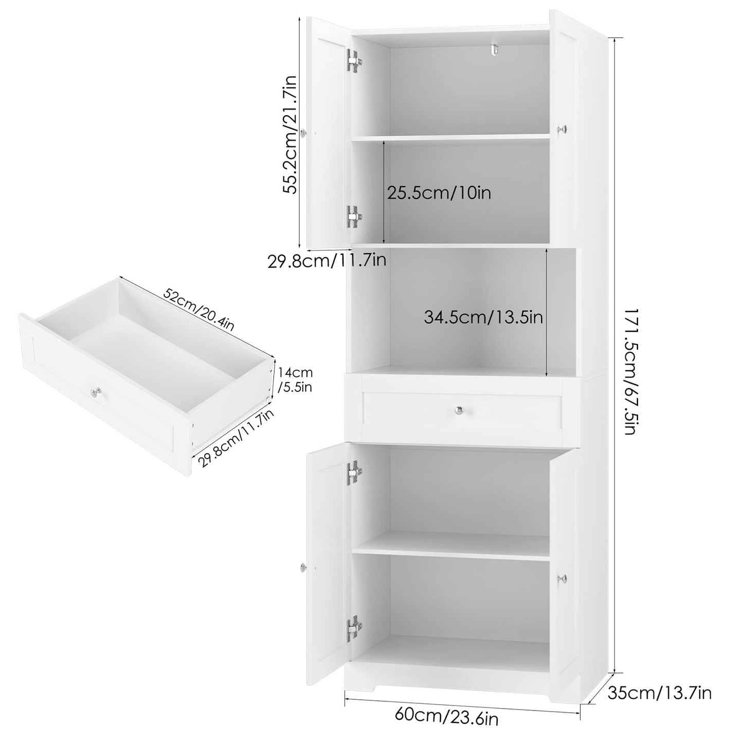 Tall Bathroom Storage Cabinets with Drawer, Modern Linen Cabinet with Doors & Shelves, 67"H Tall Storage Cabinet Freestanding for Bathroom, Living Room, Kitchen & Pantry, Laundry, Narrow Corner, White