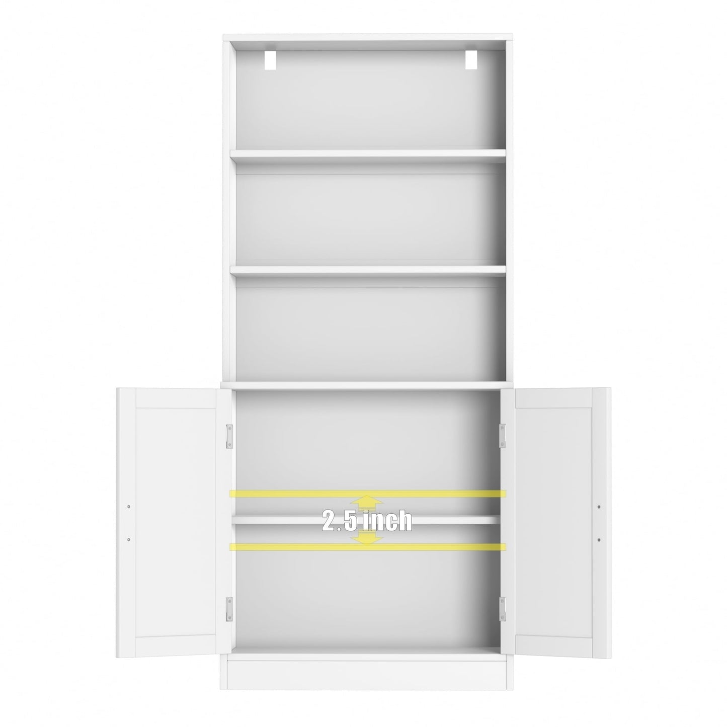 DIYART 5 Tier Bookcase with Doors & Cabinet, 75" Tall Large Wood Bookshelf for Living Room, Office, Library, White Storage Display Shelf with Adjustable Shelves