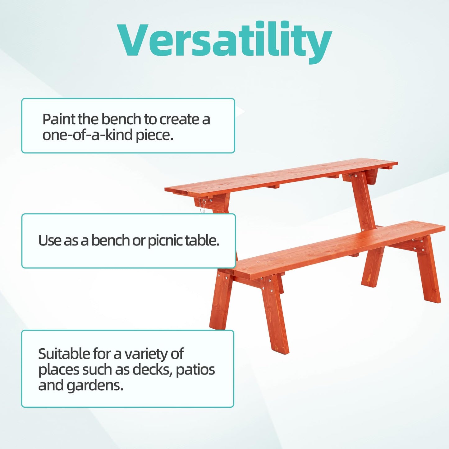 ECOTOUGE Wood Picnic Table Bench Set, All-Weather Patio 2-in-1 Convertible Dining Benches w/Heavy Duty Wooden Frame for 6-8 Adults, 5 Feet, Red