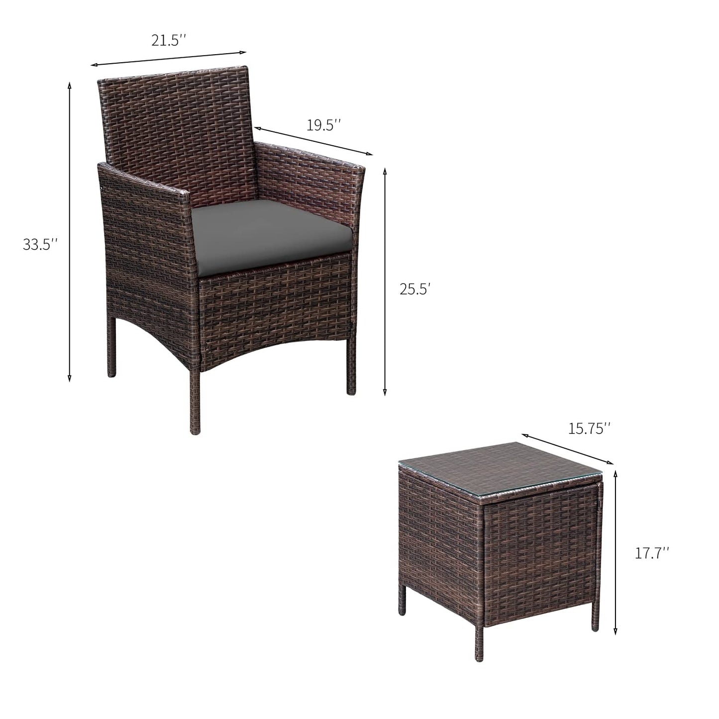 Greesum 3 Pieces Patio Furniture Sets Outdoor PE Rattan Wicker Chairs with Soft Cushion and Glass Coffee Table for Garden Backyard Porch Poolside, Brown and Gray
