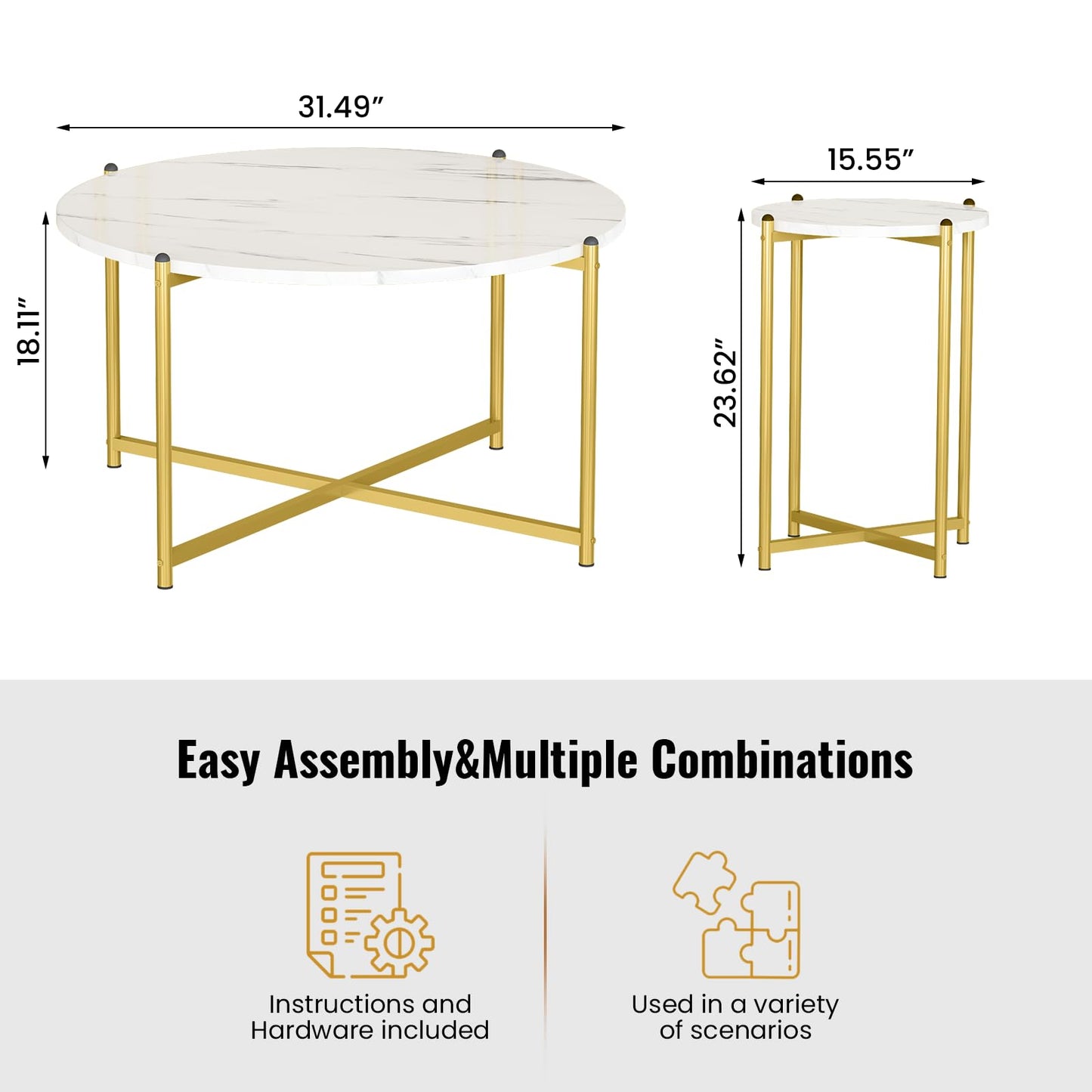 Lamerge Coffee Table Set of 3,Modern Faux Marble Top with Golden Frame,1 Coffee Table & 2 Accent Table, Living Room Table Set, for Apartment,Office and So on,White & Gold (LCTR-W)