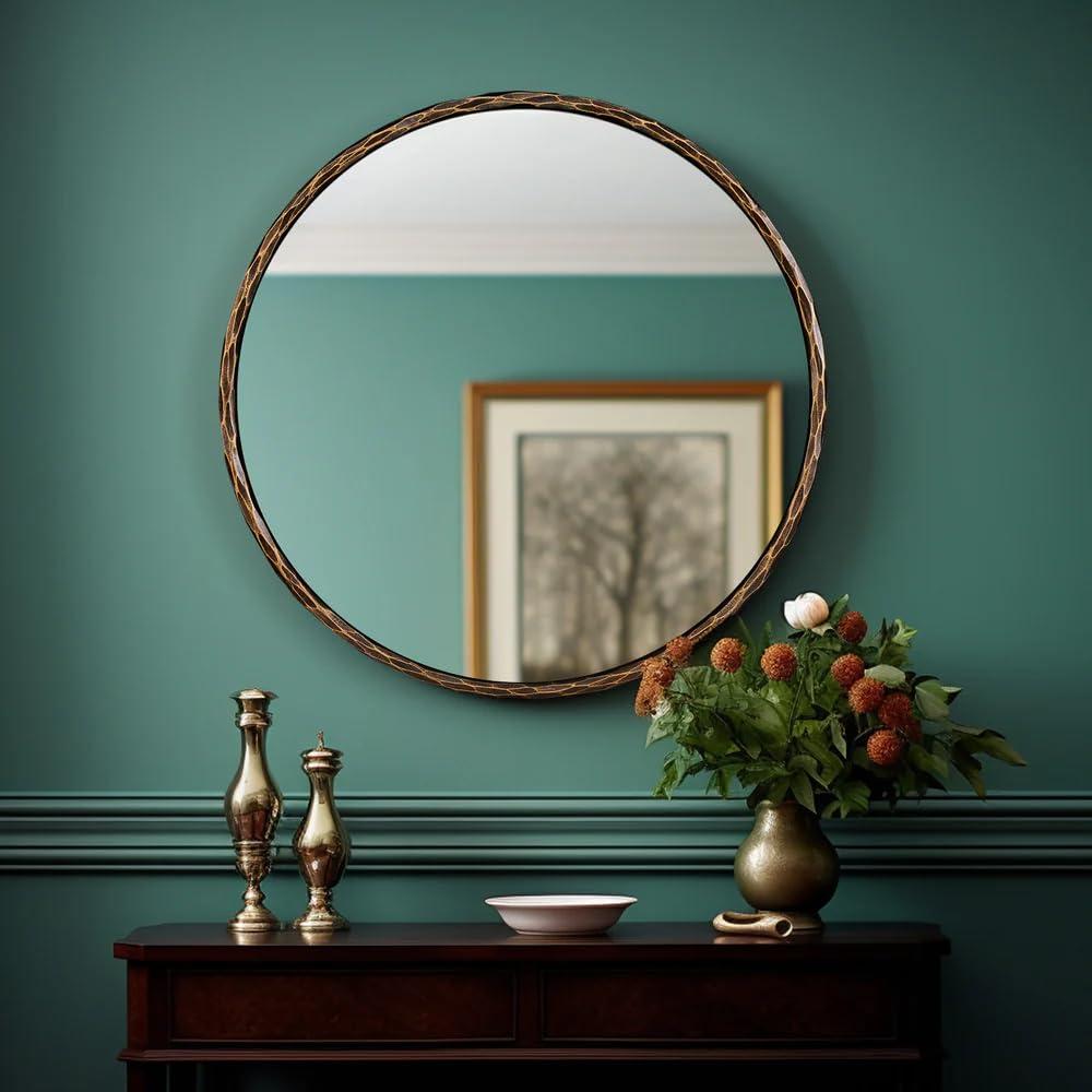 ANDY STAR Hand-Forged Bronze Round Bathroom Mirror, 30 Inch Antique Vanity Circular Mirror, Stainless Steel Rounded Mirrors for Wall Decor, Washroom, Entry, Fireplace
