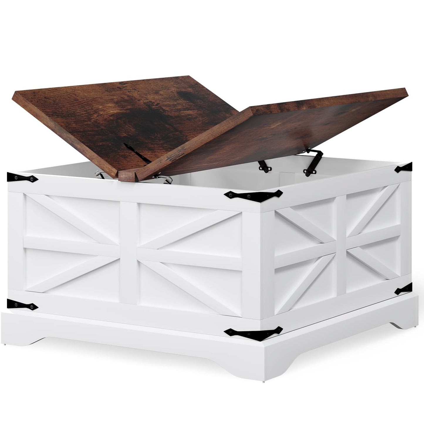 oneinmil Farmhouse Coffee Table with Storage Organizer, Square Coffee Tables with Large Storage Space, Center Table for Living Room, Bedroom, Home Office, White