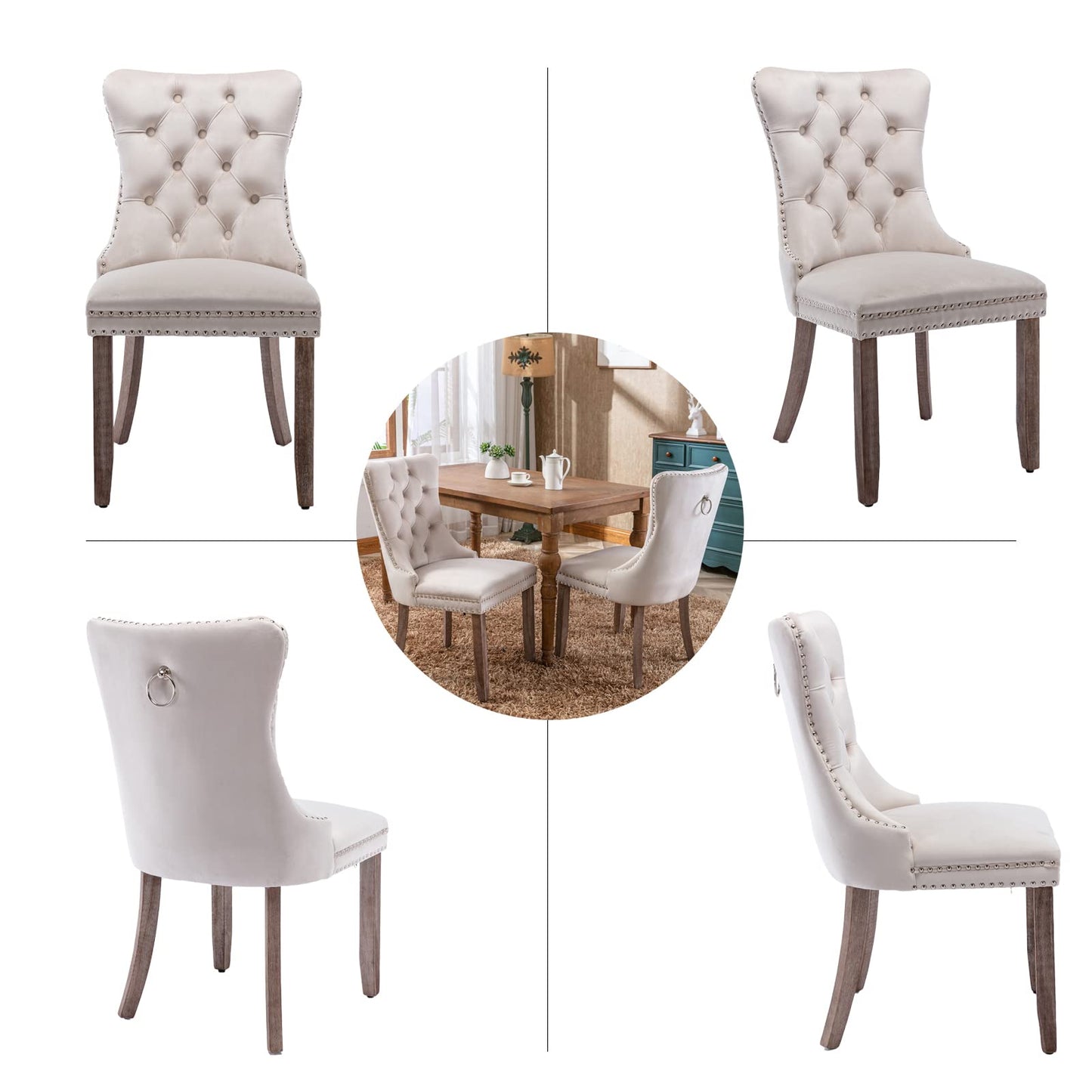 Beige Velvet Dining Chairs Set of 4, Upholstered Dining Room Chairs with Back Ring Pull Trim and Solid Wood Legs, Tufted Wingback Kitchen Chairs for Dining Room,Living Room,Kitchen(Beige)