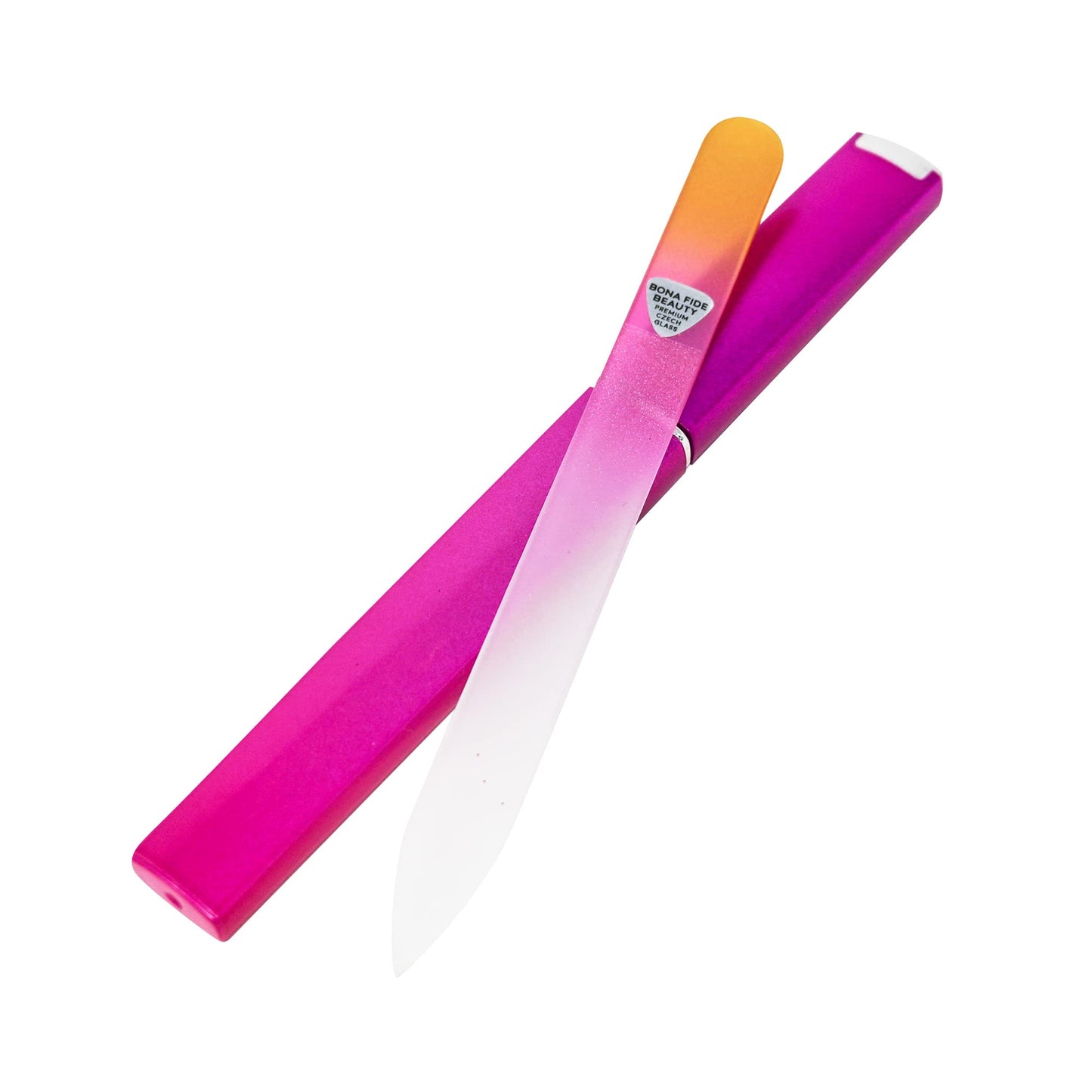 Bona Fide Beauty Glass Files for Nails, Professional Manicure Glass Fingernail Files with Case. 1-Piece Gold Magenta Nail File Made in The EU.