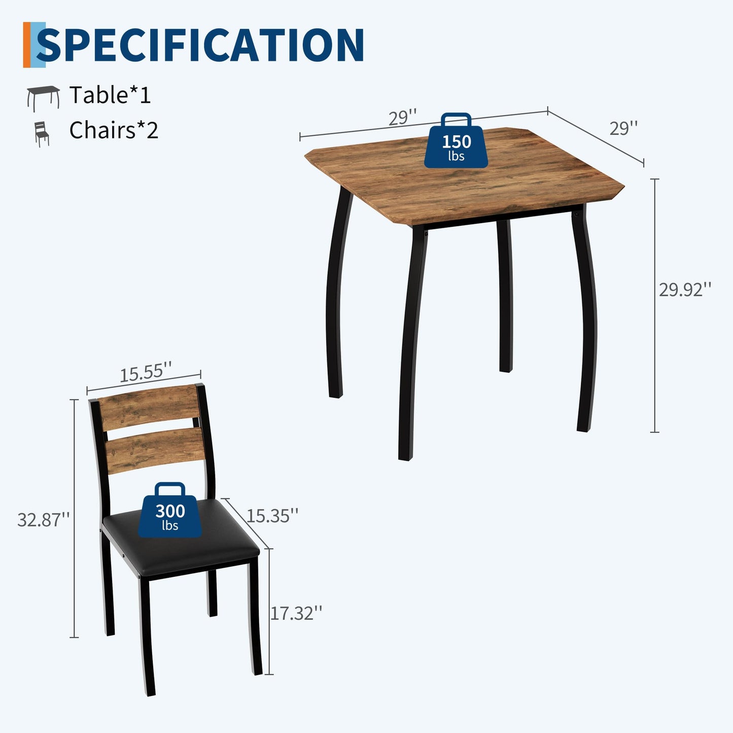 GarveeHome 3 Piece Dining Table Set for 2, Farmhouse Kitchen Table and Upholstered Chair, Metal Frame Square Dining Room Furniture for Small Space, Apartment, Studio, Black+Retro