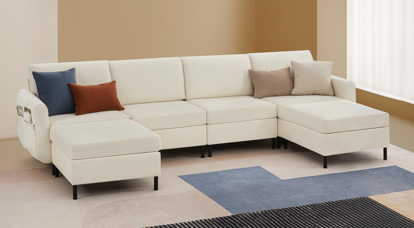 SONGMICS HOME Modular Sectional Sofa, Convertible 6-Seat U-Shaped Couch with Ottoman, Deep Seat, Sectional Couches for Living Room, Cream White ULCS064W01