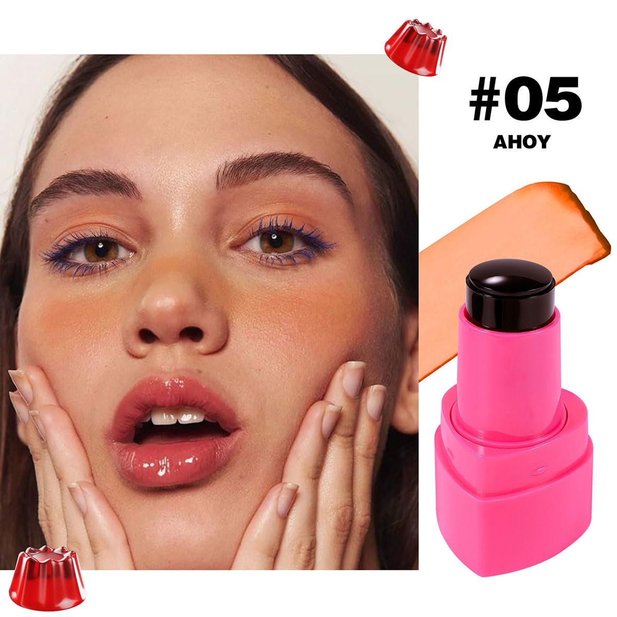 Cooling Water Jelly Tint Stick，Multi-Use Juicy Love Blush, 3-In-1cheek Blush & Eyeshadow & Lip Tinted Long-Lasting Moisture Stick，Bouncy Jelly Texture，Creates A Moist Watercolor Effect (#05, 0.32oz)