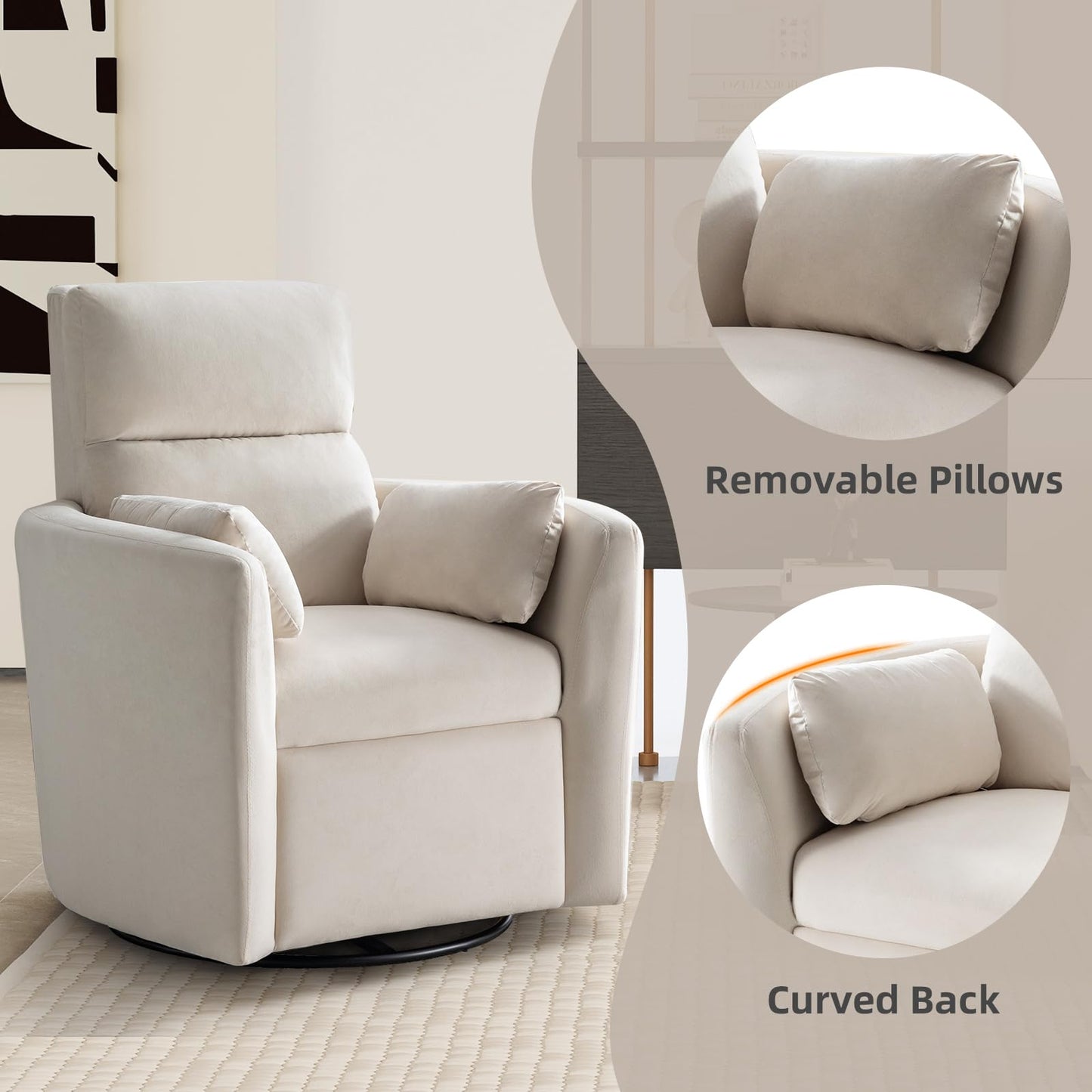 EBELLO Swivel Accent Chair, Velvet High Back Round Living Room Chair, Minimalist Reading Conversation Seat with Two Pillows for Small Space, Bedroom, Beige