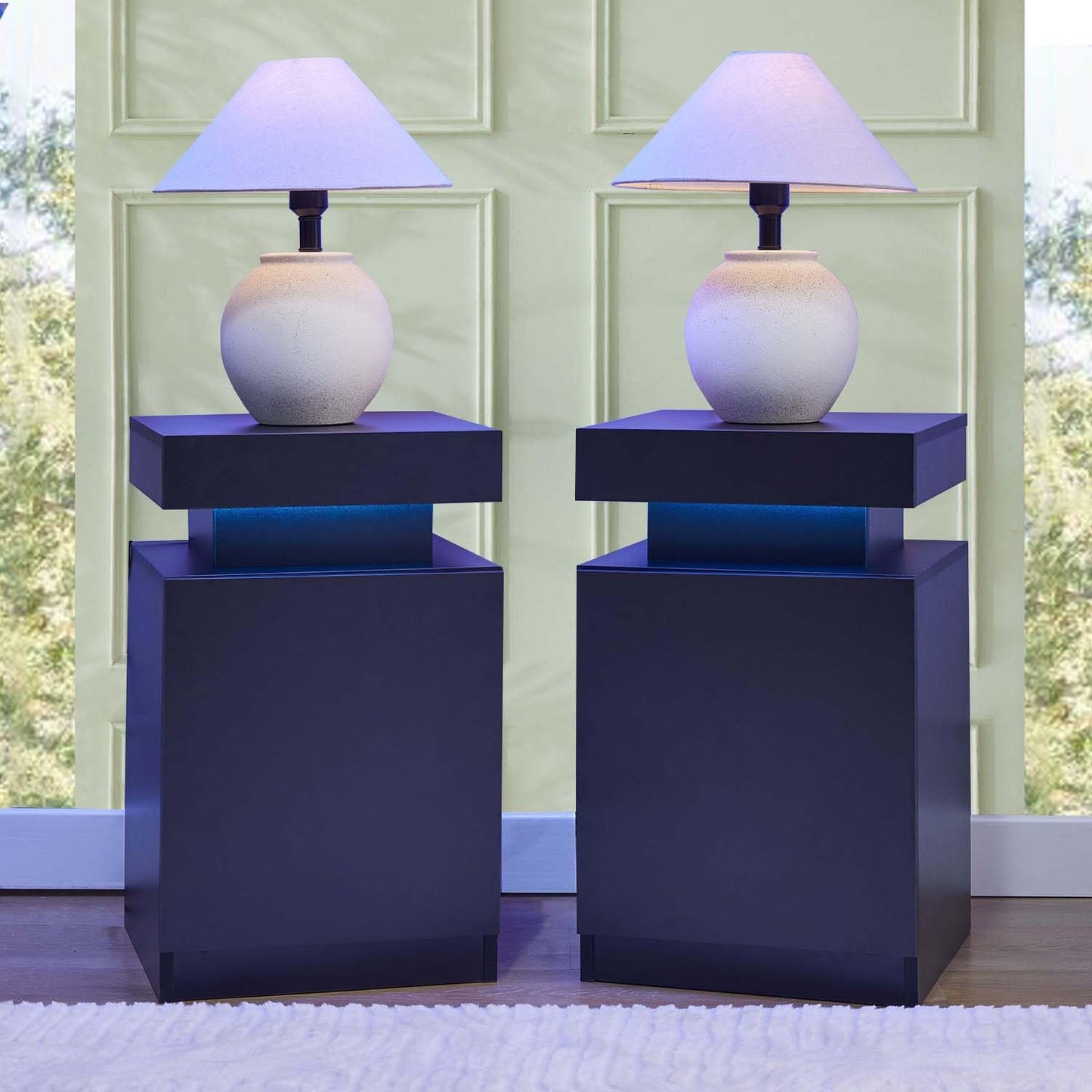 Hanamako Nightstand Set of 2, Bedside Table with LED Lights, Night Stands Set End Side Table with Cabinet Storage for Bedroom, Black