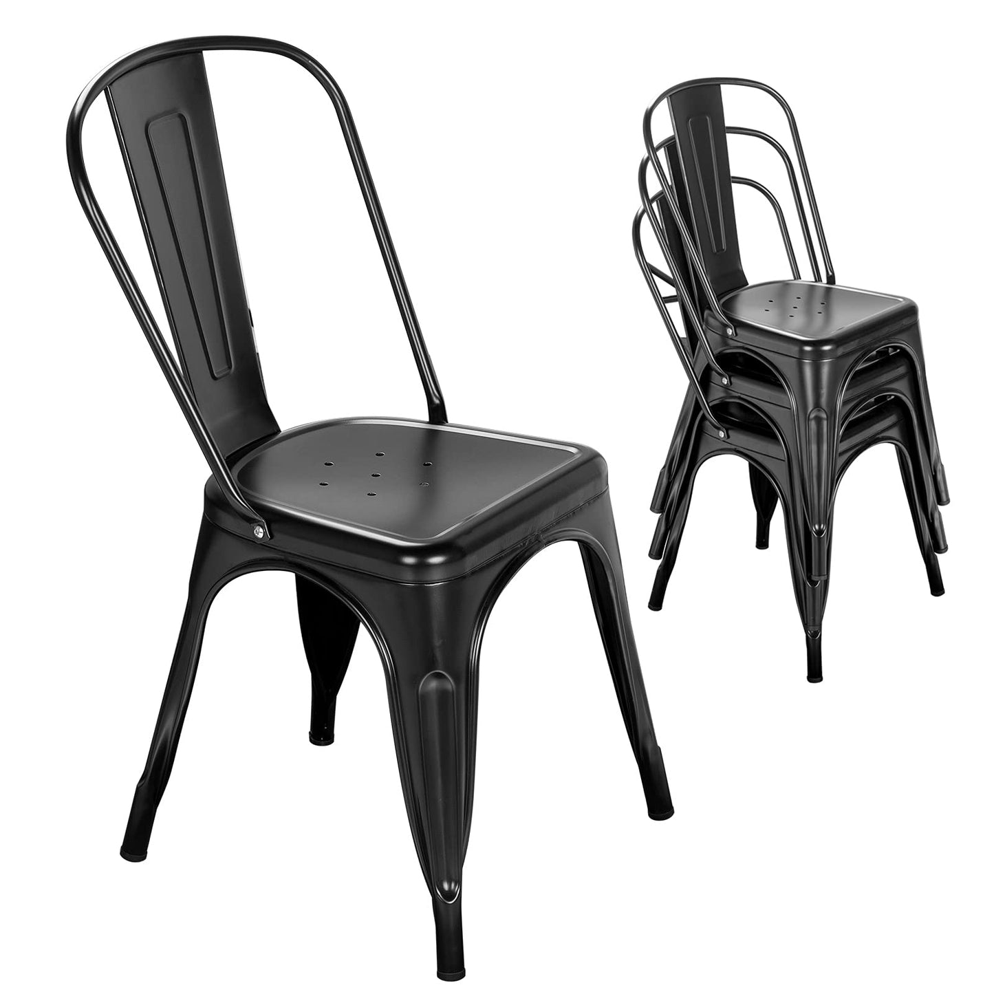 Nazhura Metal Dining Chair Farmhouse Tolix Style for Kitchen Dining Room Café Restaurant Bistro Patio, 18 Inch, Stackable, Waterproof Indoor/Outdoor (Sets of 4) (Black)