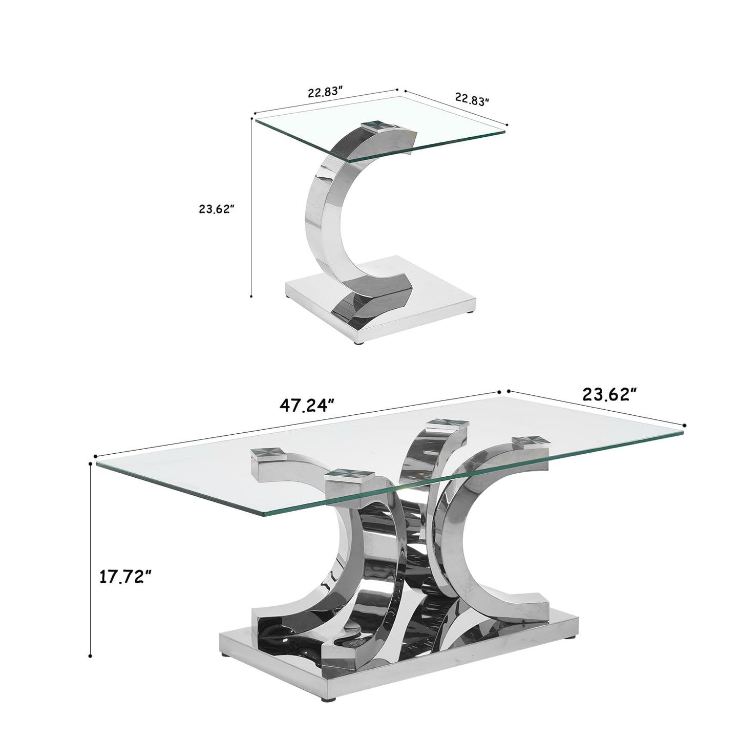 HomVent 3 Piece Glass Coffee Table Set, Living Room Side Table Set of 3, Modern Tempered Glass Coffee Table and 2 End Tables Set with Silver Unique Shapes Stainless Steel Base for Living Room
