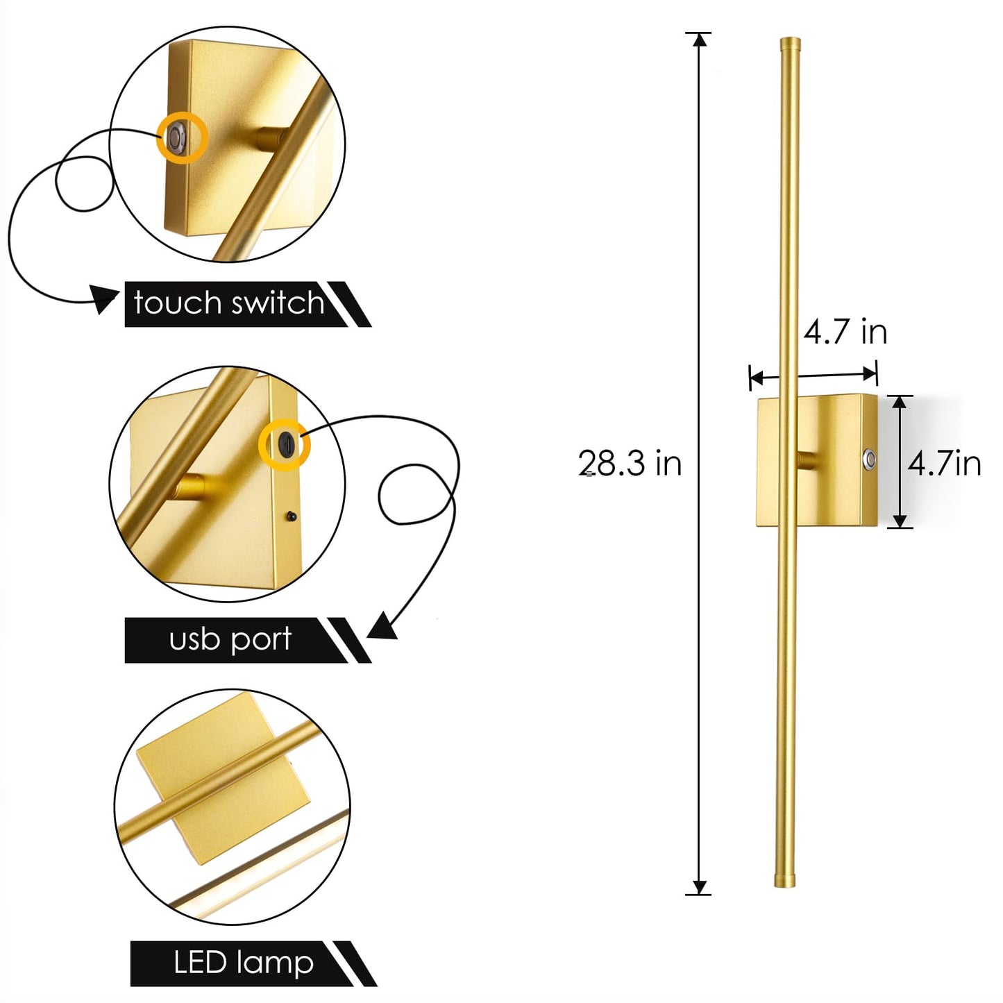 LED Wireless Wall Sconce with Remote Control (Set of Two), USB Rechargeable Battery Powered Indoor Wall Lamps, Dimmable, 360° Rotate,Timing, 28.3 inch Gold Wall Lights for Hallway/Living Room/Bedroom